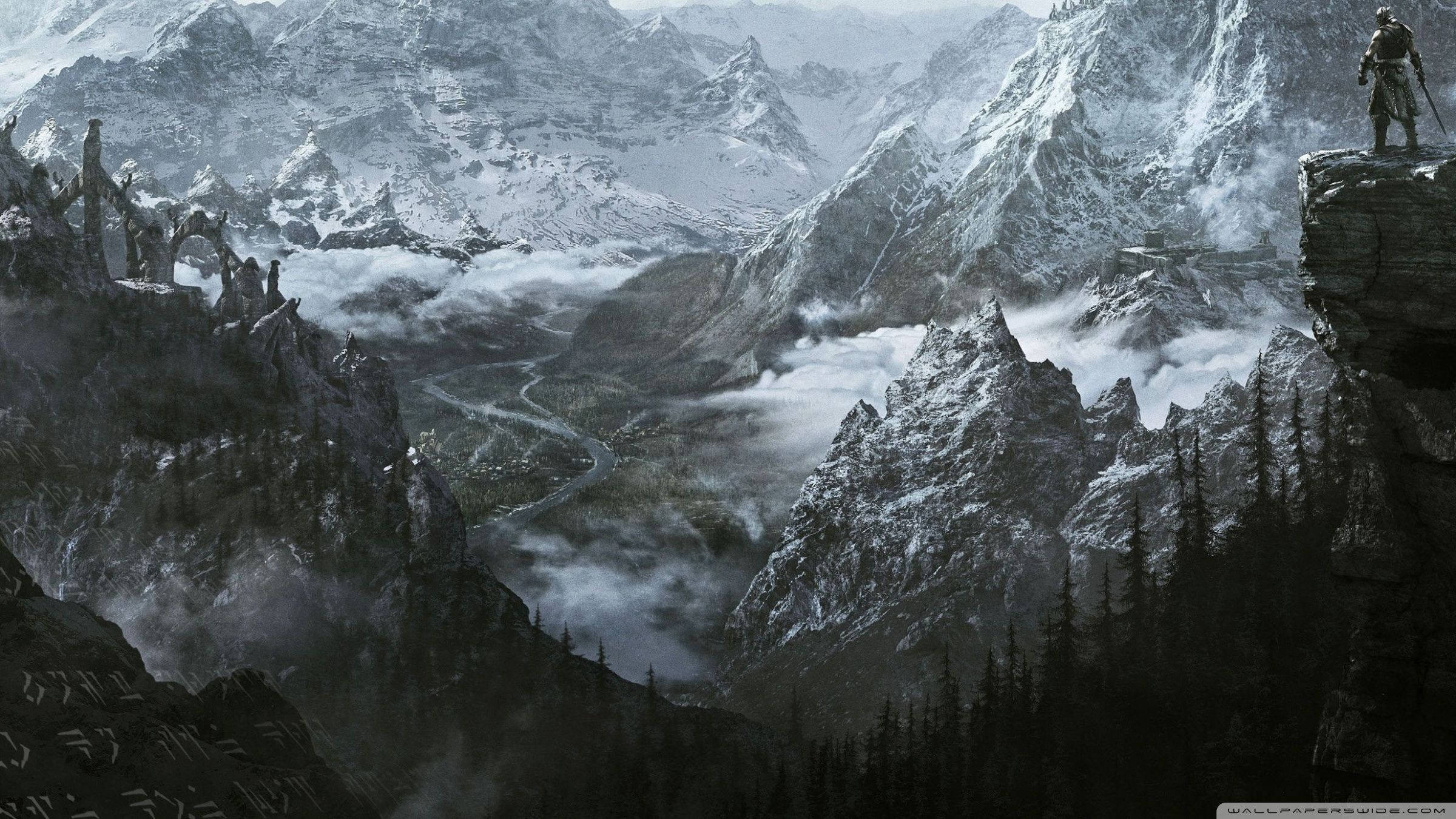 Elder Scrolls, snowy mountain cliff, misty valley, Full HD Desktop Wallpaper