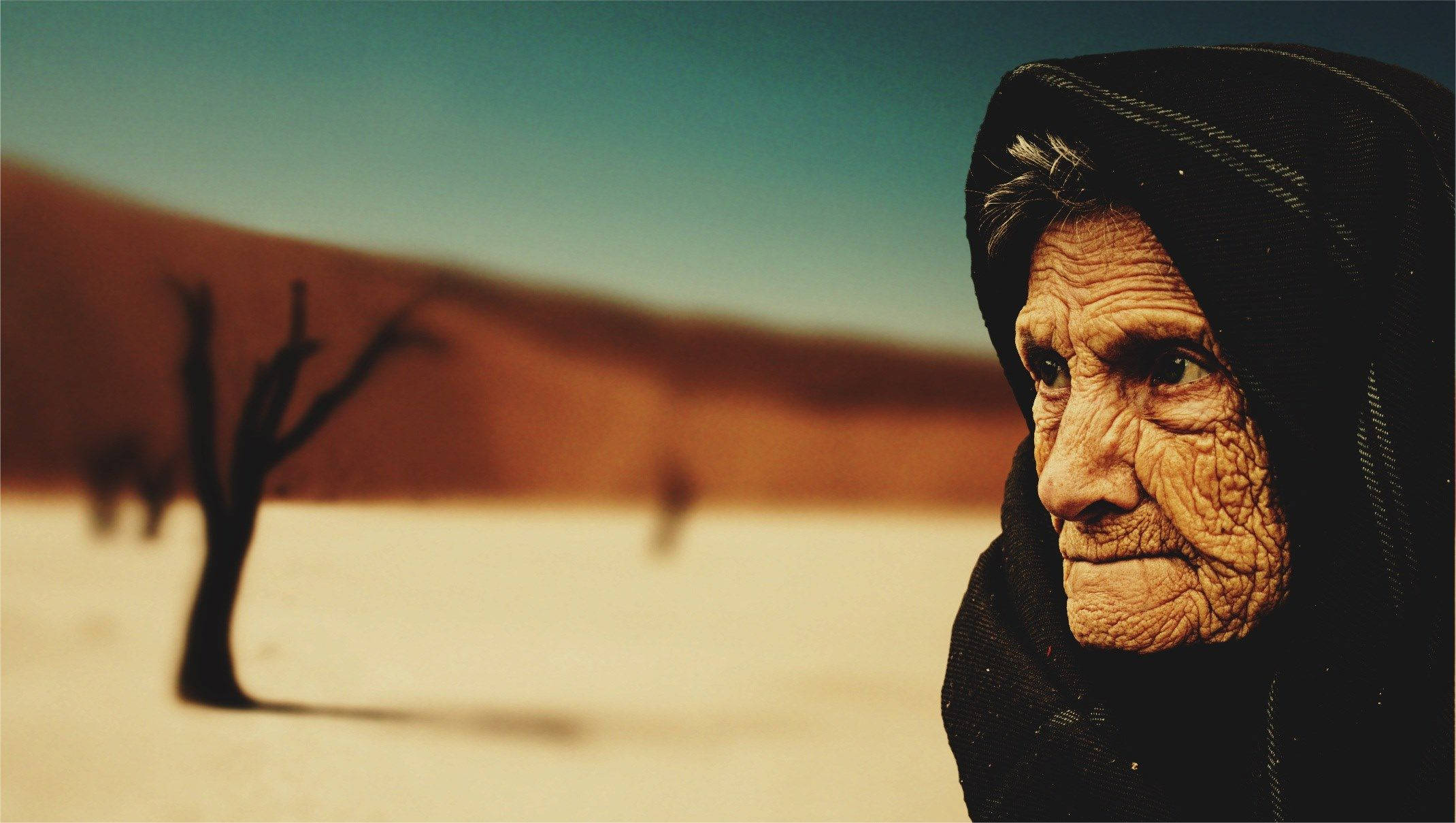 elderly woman, desert, dead tree, Full HD Desktop Wallpaper