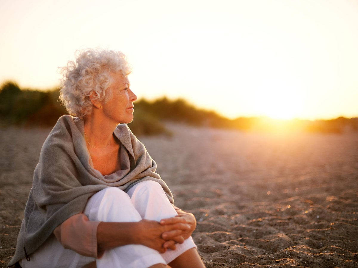 elderly woman, sunset, sandy beach, SD Desktop Wallpaper
