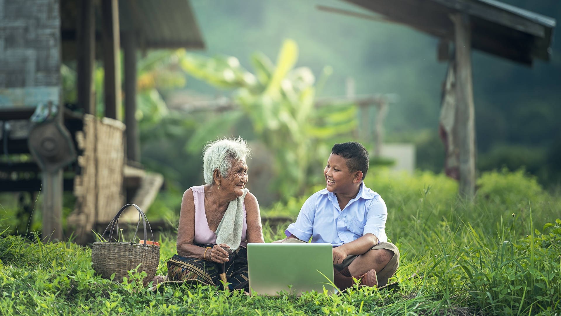 elderly woman, young boy, laptop, Full HD Desktop Wallpaper