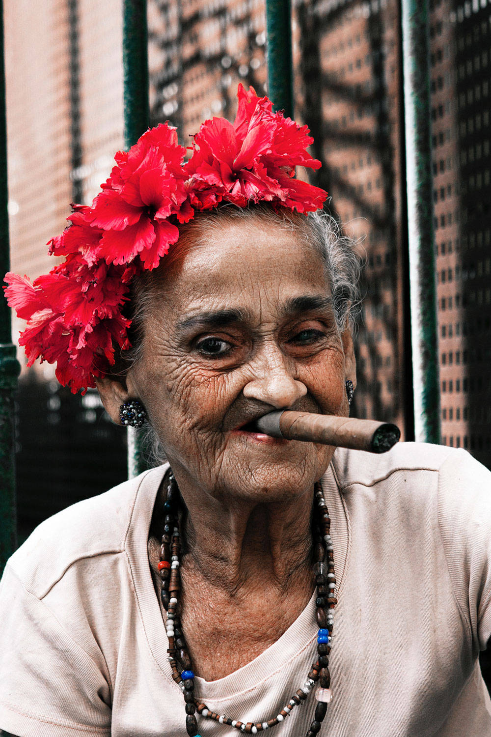 elderly woman, vibrant red flower crown, cigar, HD Phone Wallpaper