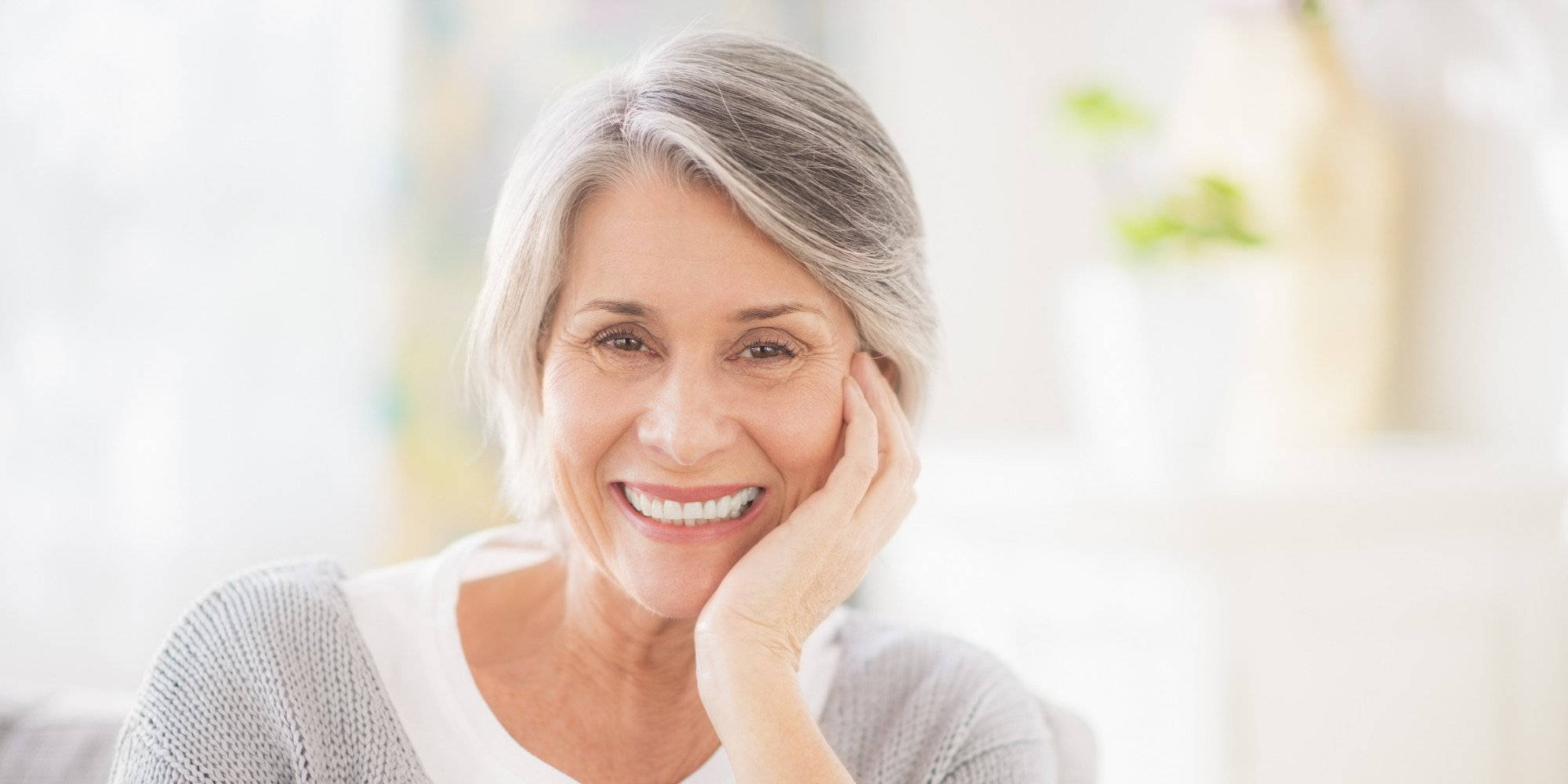 elderly woman, gray hair, smiling wide, Full HD Desktop Wallpaper