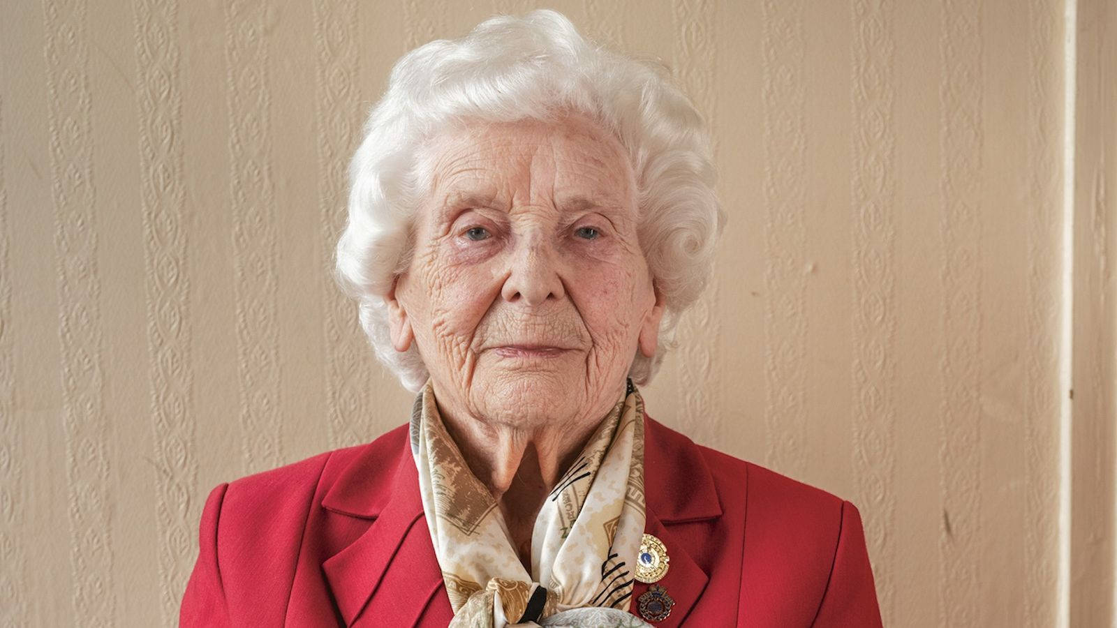 elderly woman, white curly hair, red blazer, HD Desktop Wallpaper