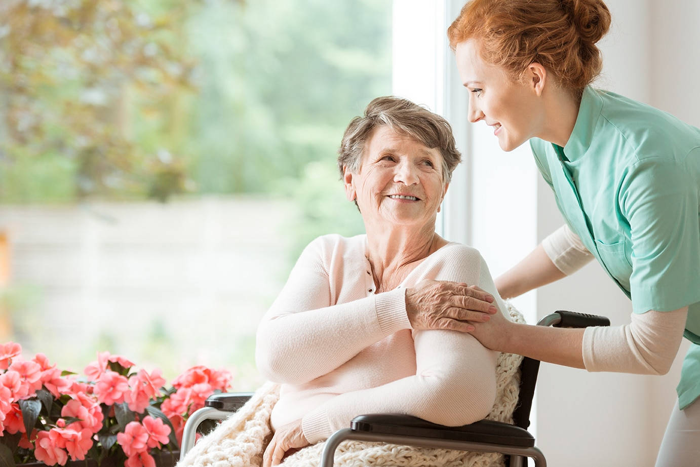 elderly woman, wheelchair, young caregiver, HD Desktop Wallpaper