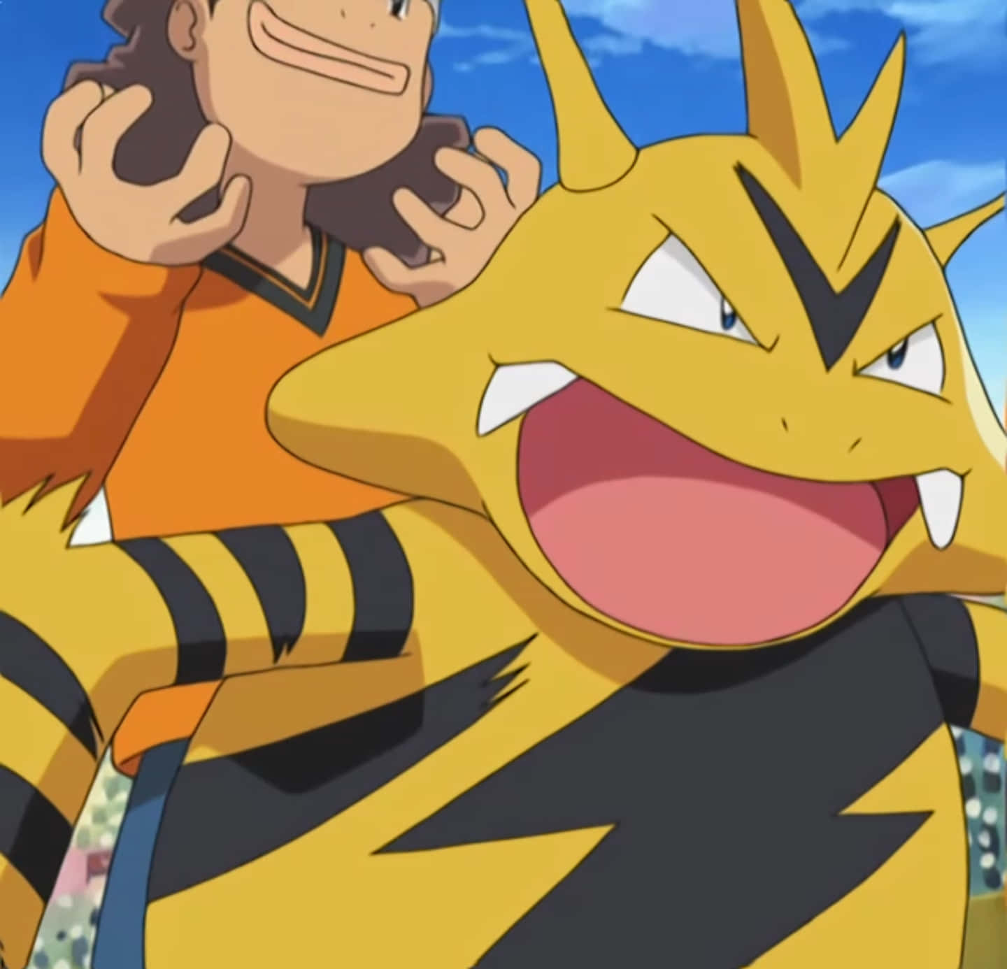 Electabuzz, boy in an orange shirt, yellow electric-type Pokémon, HD Desktop Wallpaper