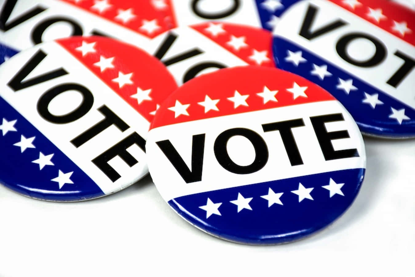 glossy red white and blue vote buttons, stars, plain white surface, HD Desktop Wallpaper