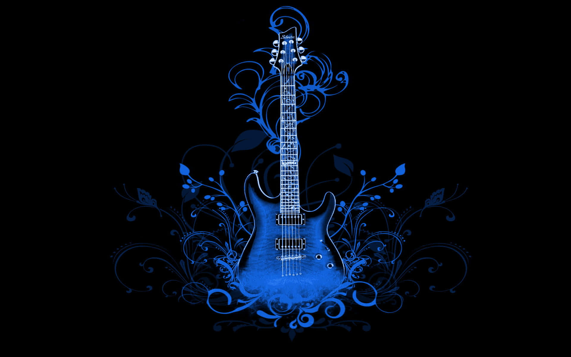 blue electric guitar, glowing blue, intricate floral swirls, Full HD Desktop Wallpaper
