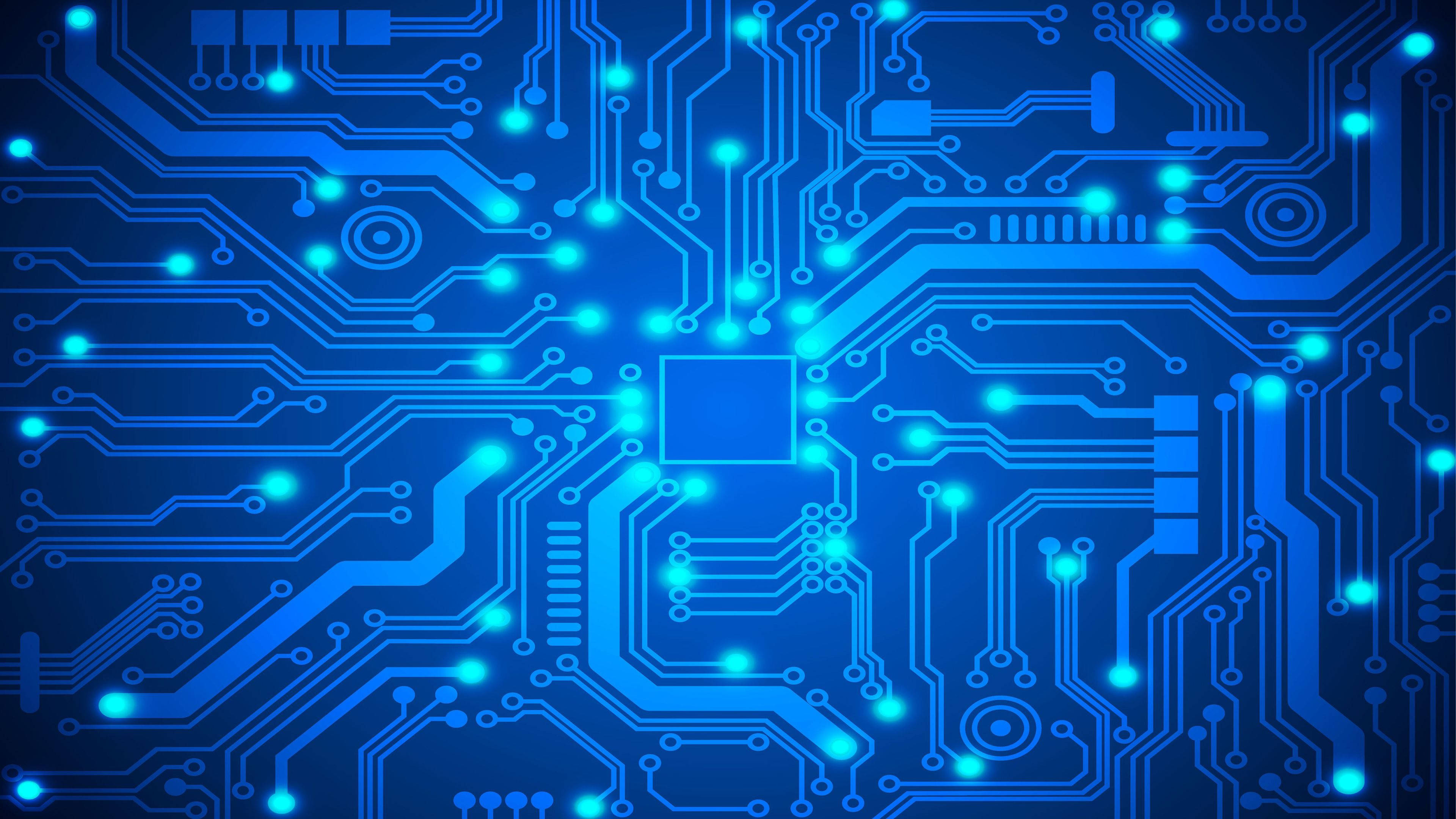 Classic Blue Circuit Board, glowing blue, circuit board, 4K Desktop Wallpaper
