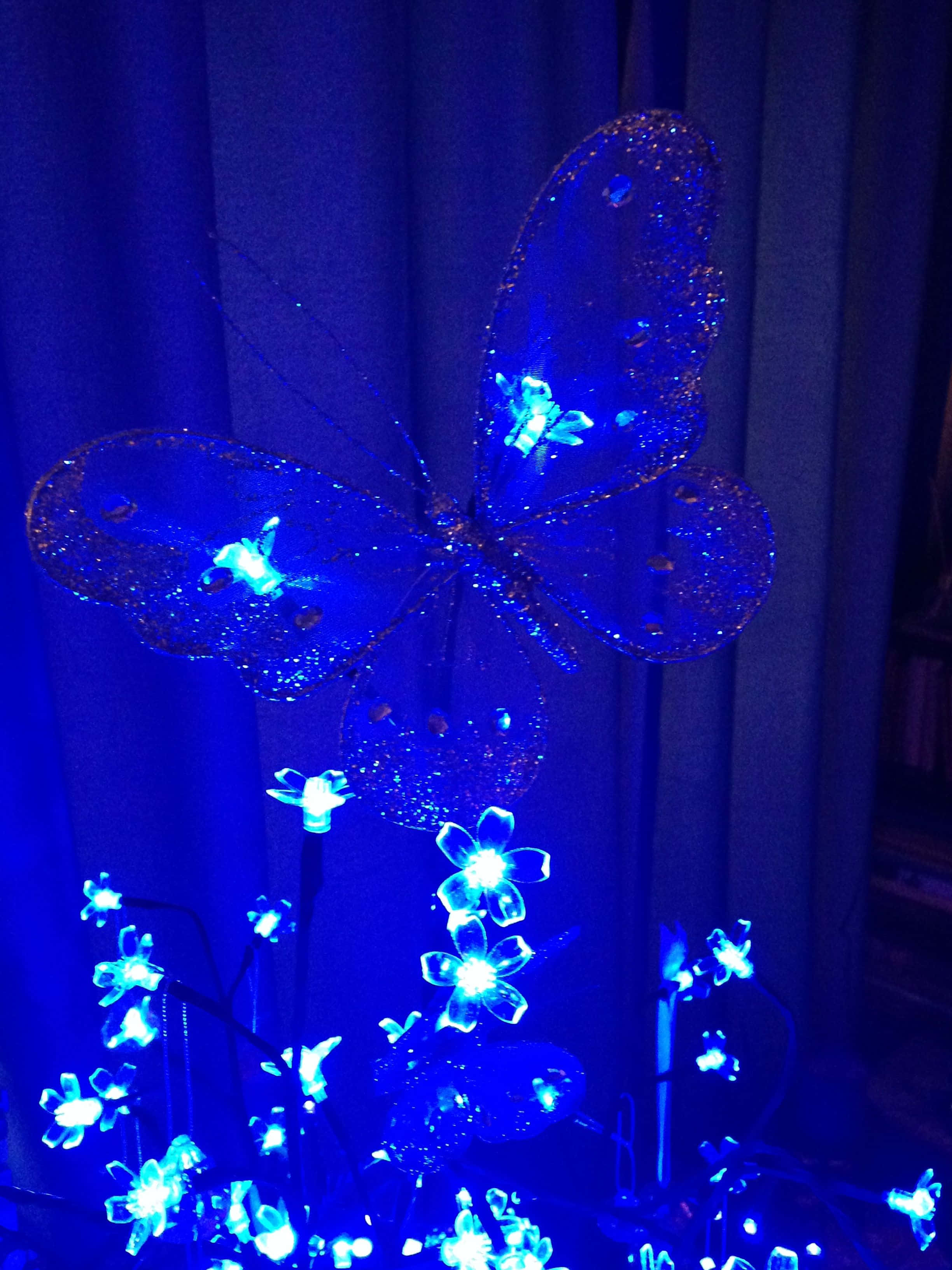 Electric Blue Butterfly Decoration, glowing blue butterfly, glittery wings, 2K Phone Wallpaper