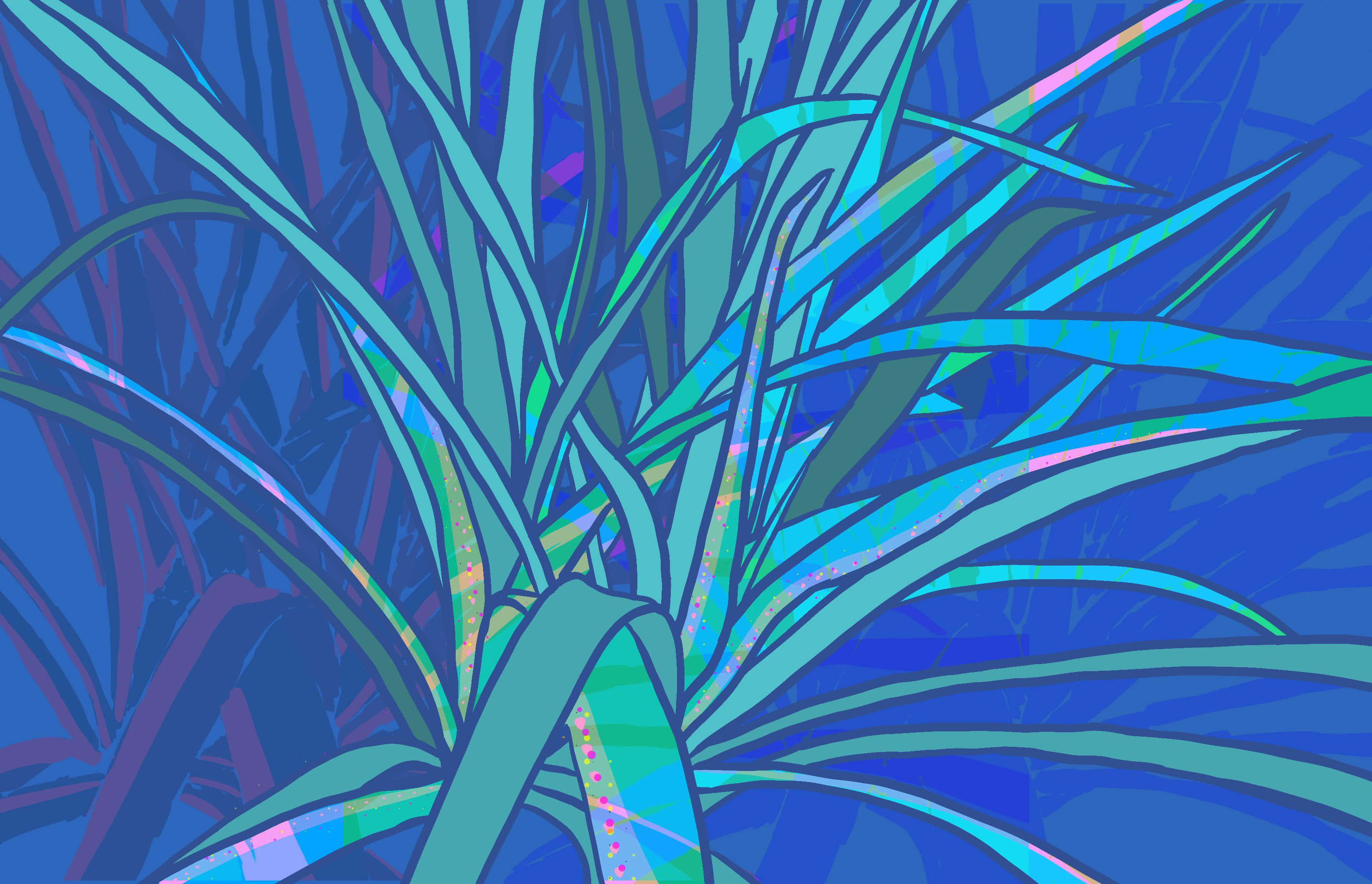 Electric Blue Grass Artwork, teal leaves, iridescent highlights, 2K Desktop Wallpaper