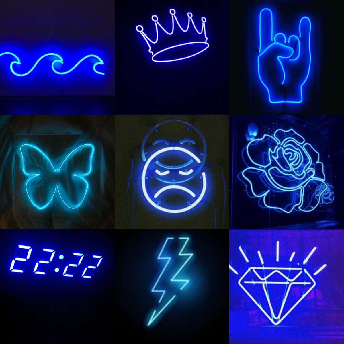 Electric Blue Neon Signs Collage, crown, hand, SD Desktop Wallpaper