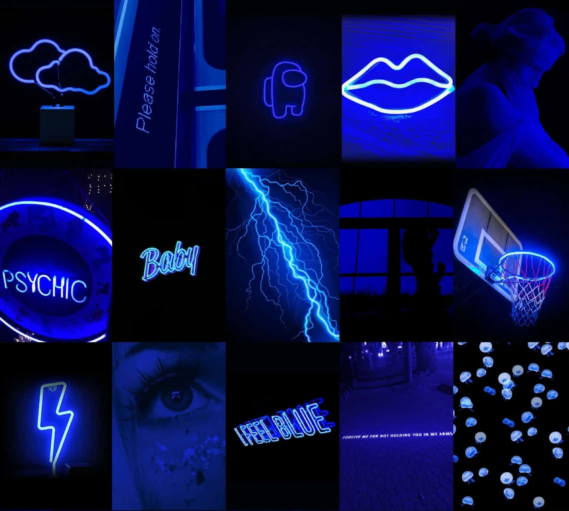 Electric Blue Neon Collage, glowing blue neon signs, lips, SD Desktop Wallpaper