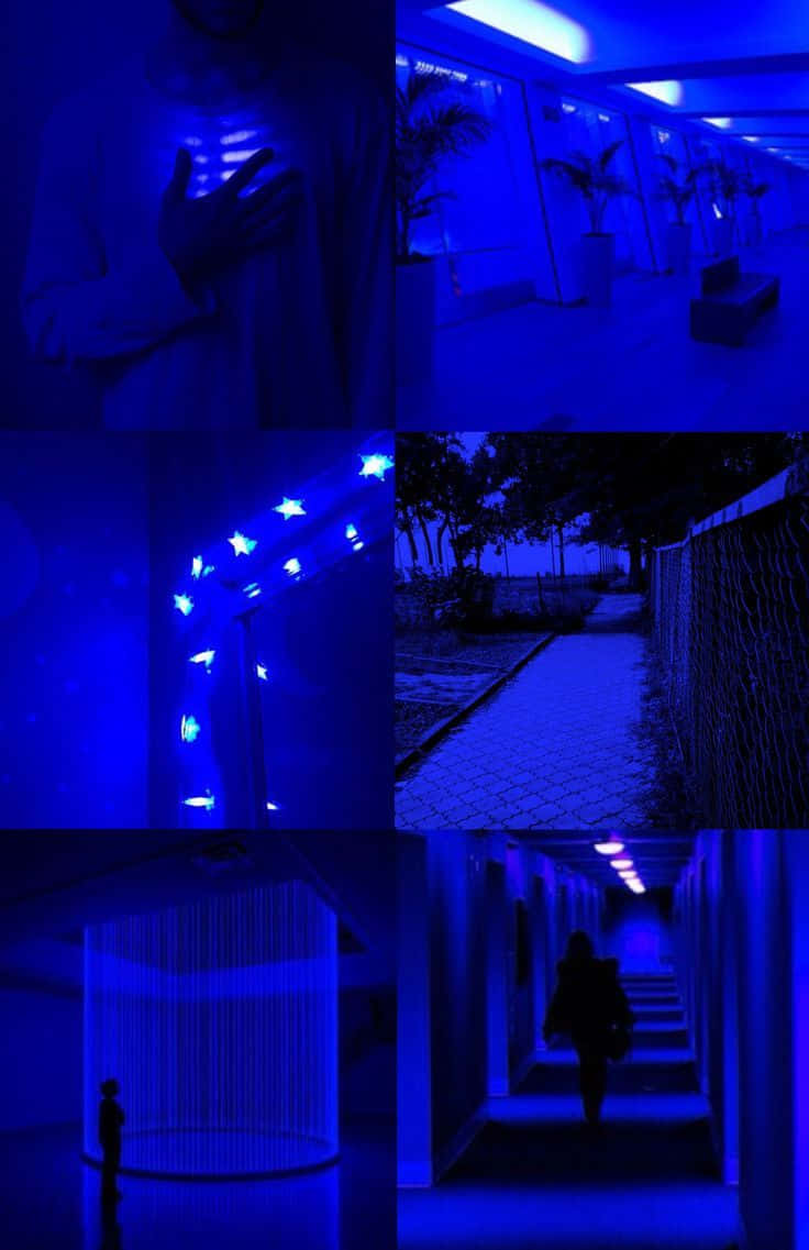 Electric Blue Collage Aesthetic, glowing ribs, hallway with potted plants, SD Phone Wallpaper