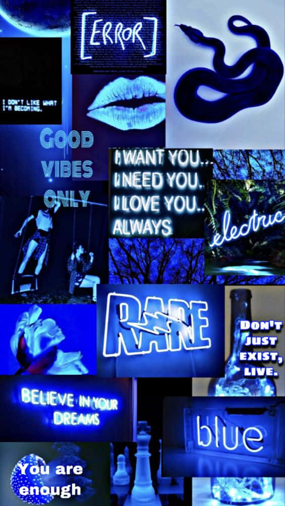 Electric Blue Collage Aesthetic, vibrant blue neon, text phrases, SD Phone Wallpaper