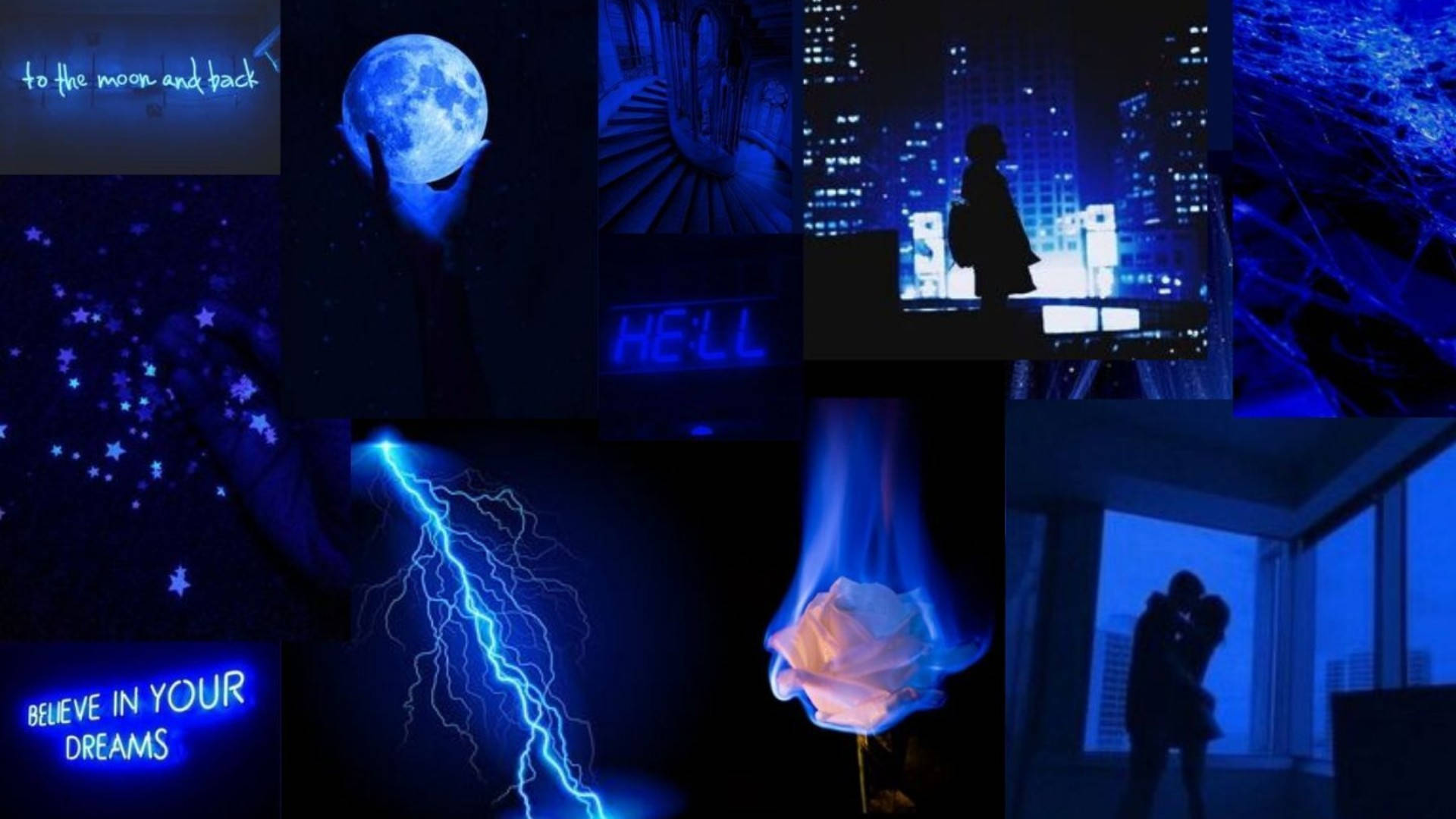 Neon Indigo Blue Aesthetic PC, blue-lit scenes, moon, Full HD Desktop Wallpaper