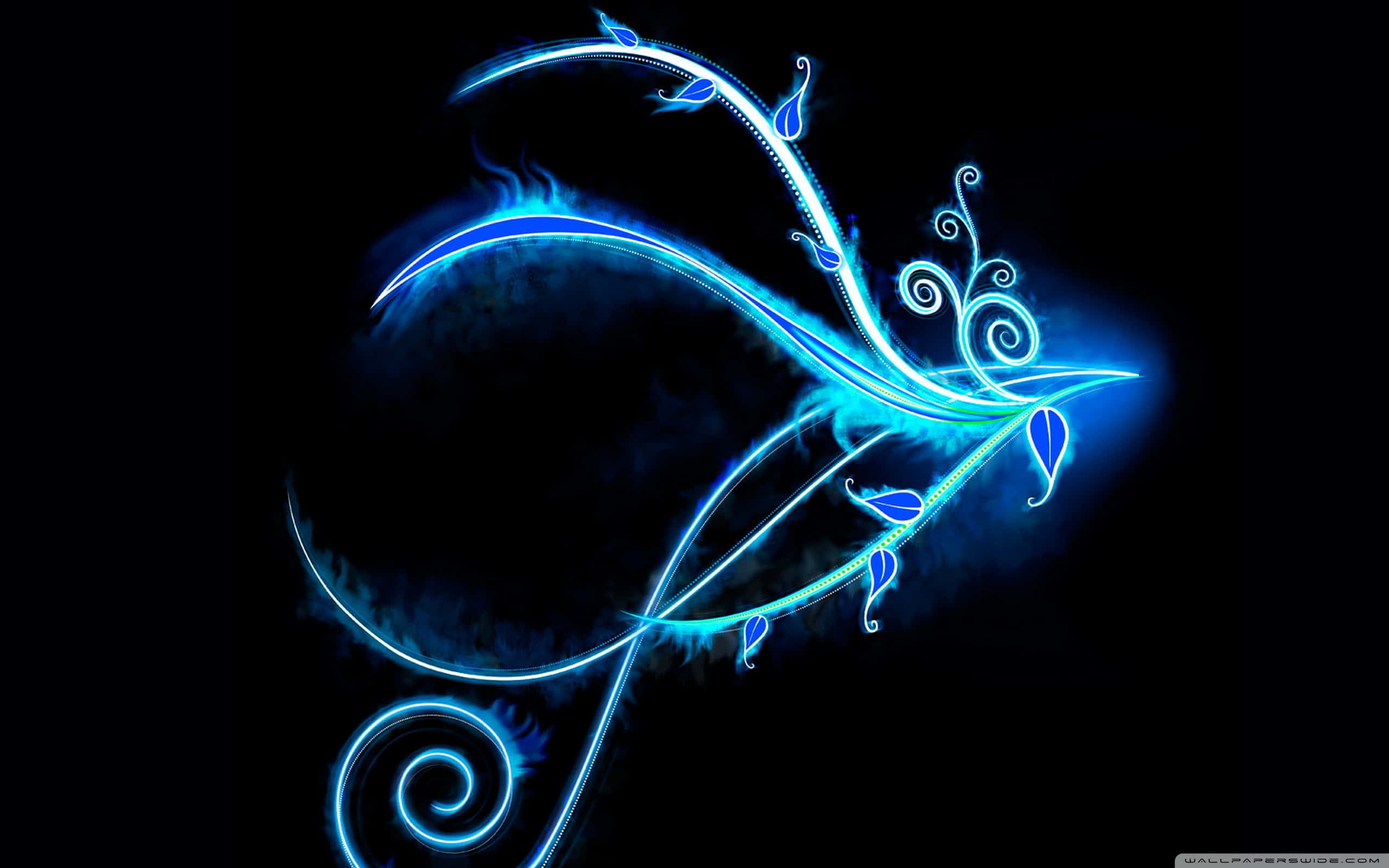 blue neon swirls, leaf-like shapes, deep black background, 2K Desktop Wallpaper