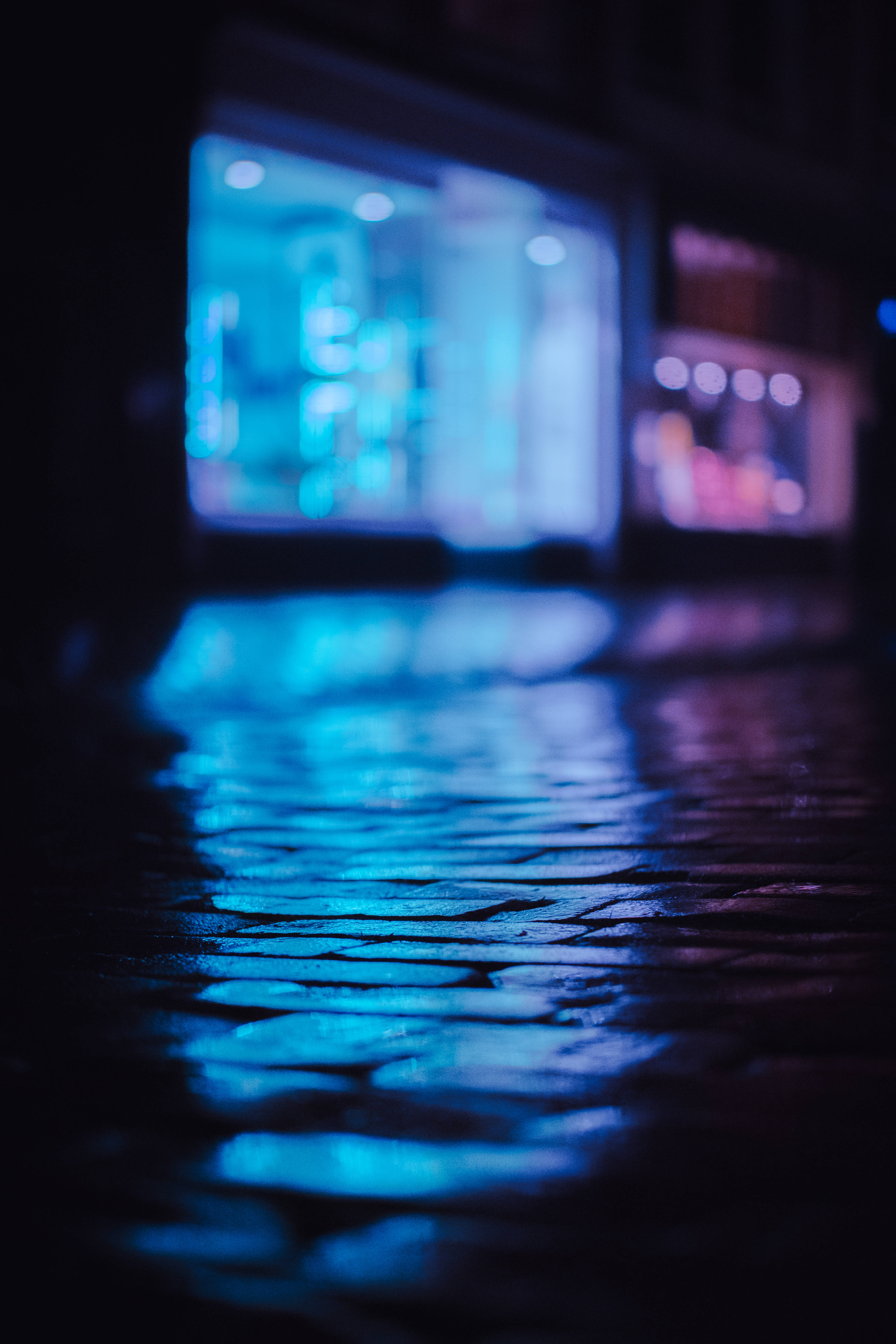 neon blue, rain-slicked cobblestone street, night, 5K Phone Wallpaper