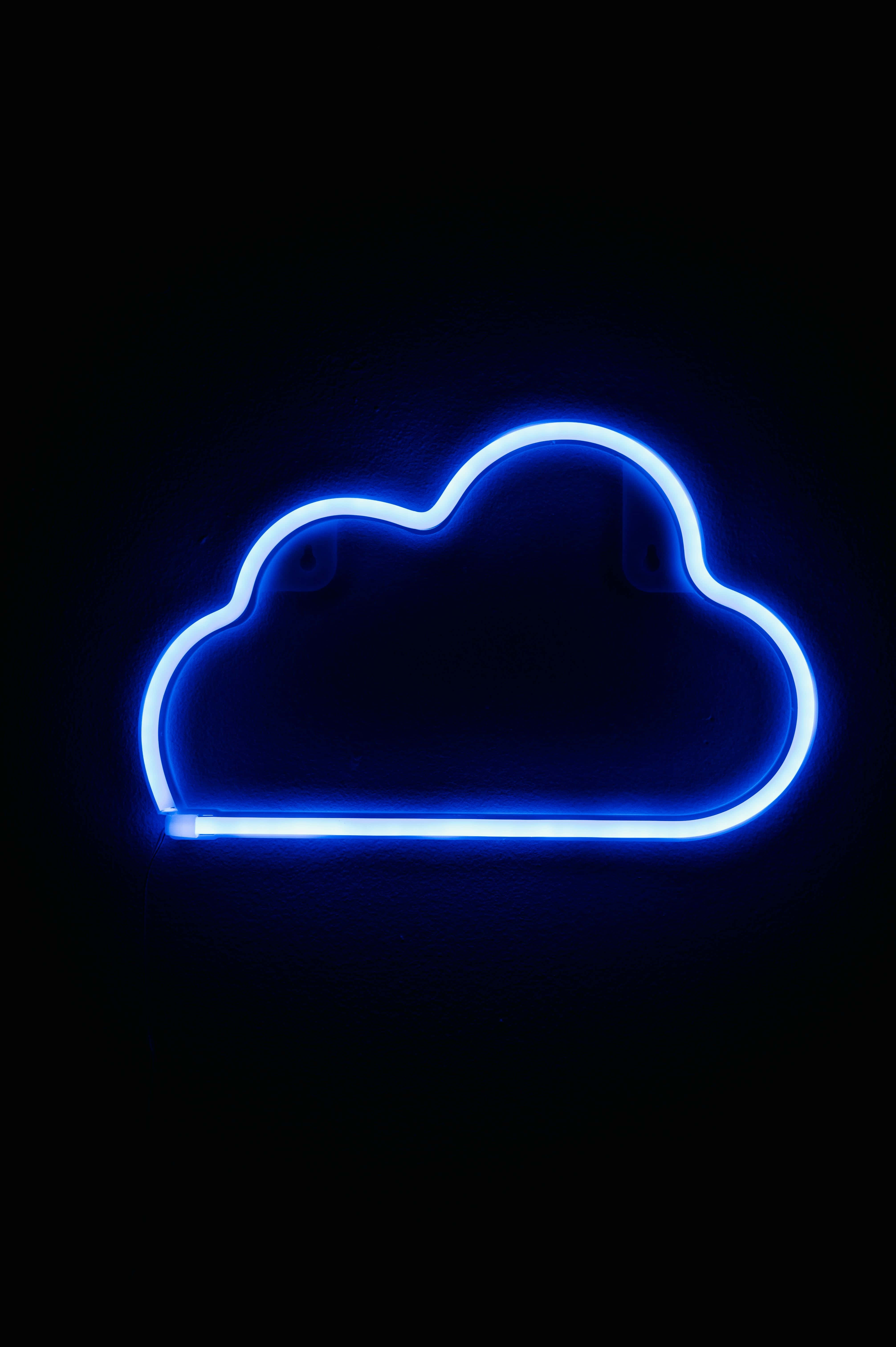 Electric Blue Neon Cloud, glowing blue neon cloud sign, pitch black wall, 5K Phone Wallpaper