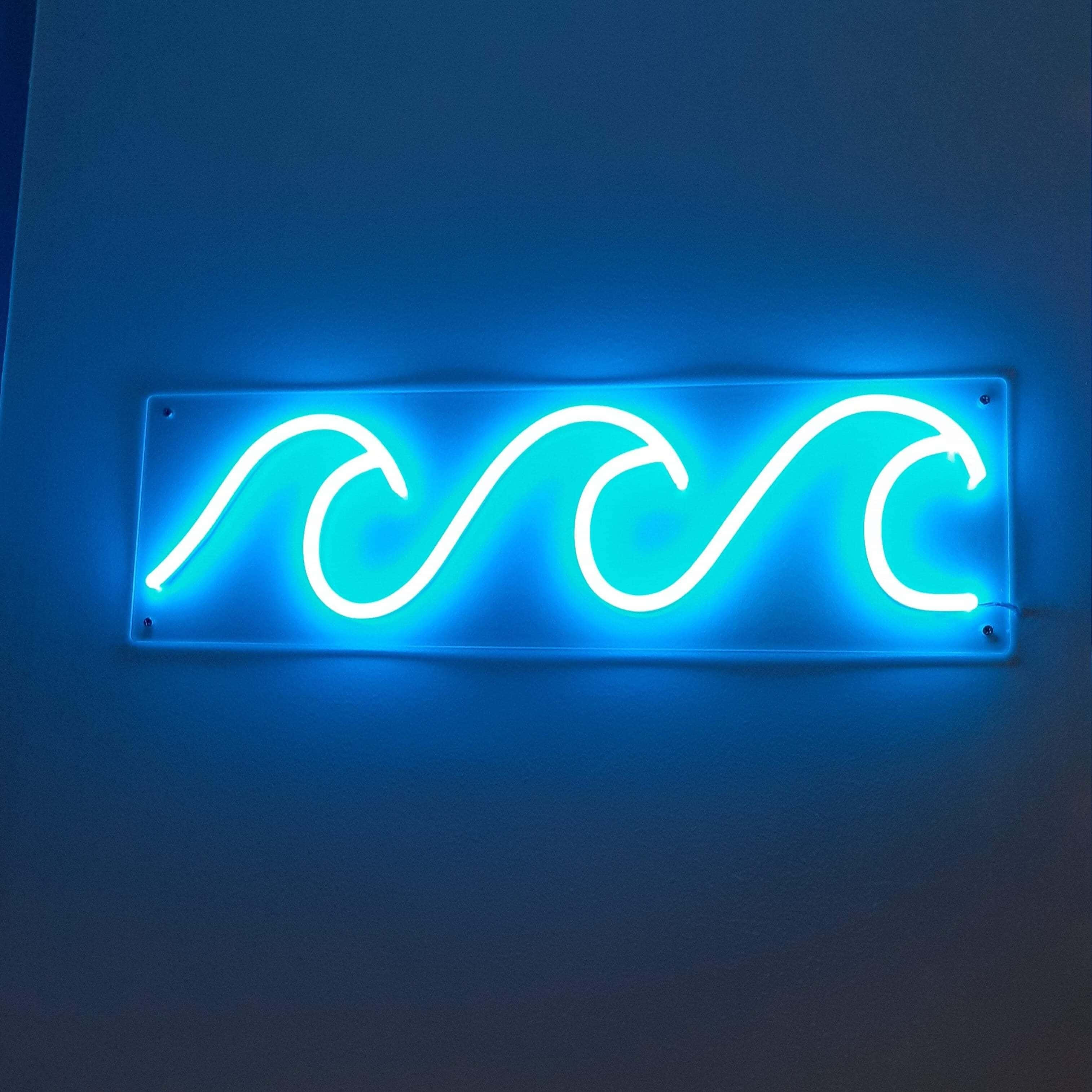 Electric Blue Neon Wave Sign, glowing blue neon sign, ocean waves, 2K Desktop Wallpaper