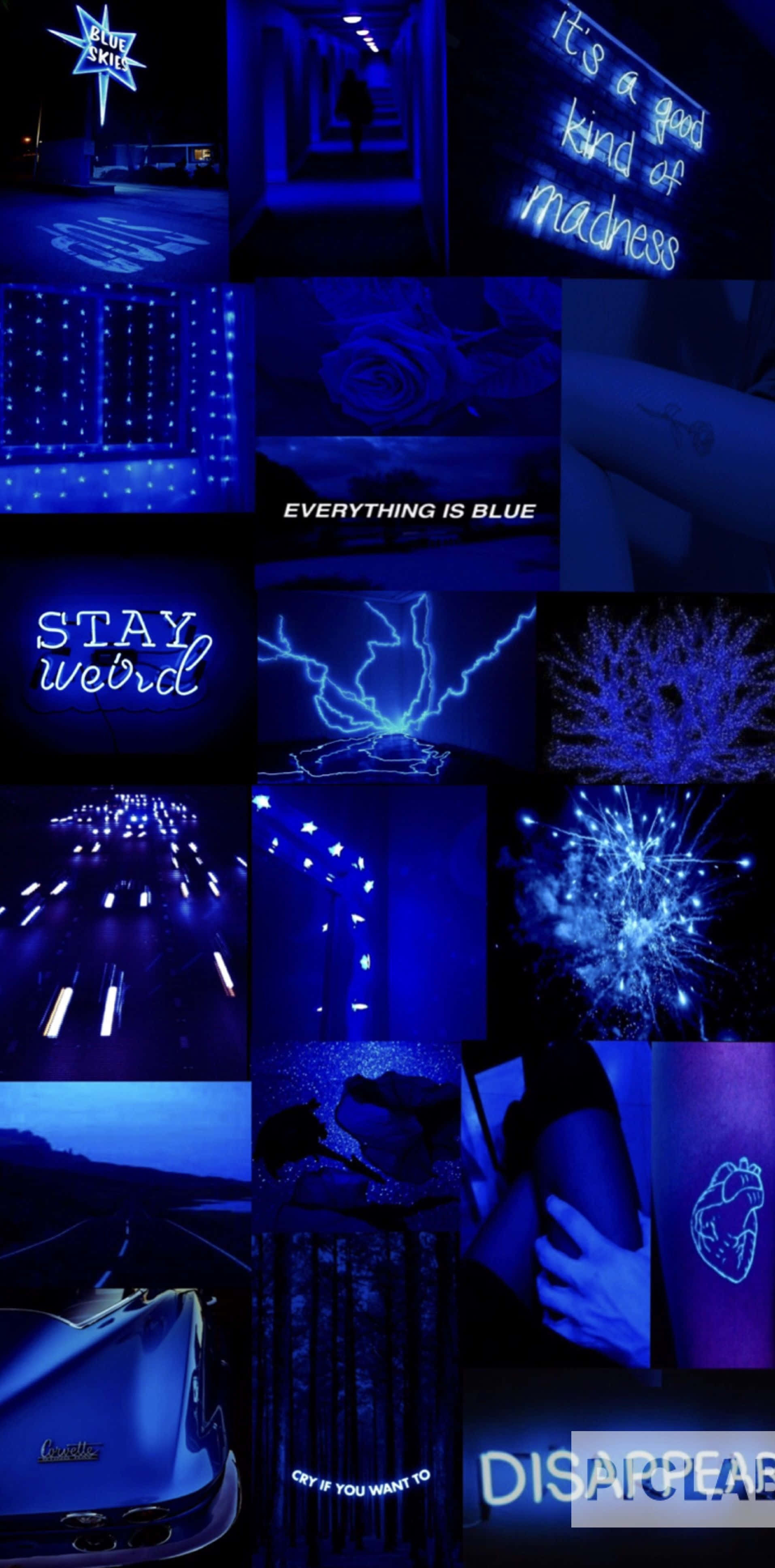 Electric Blue Collage Aesthetic, blue neon lights, dark spaces, 4K Phone Wallpaper