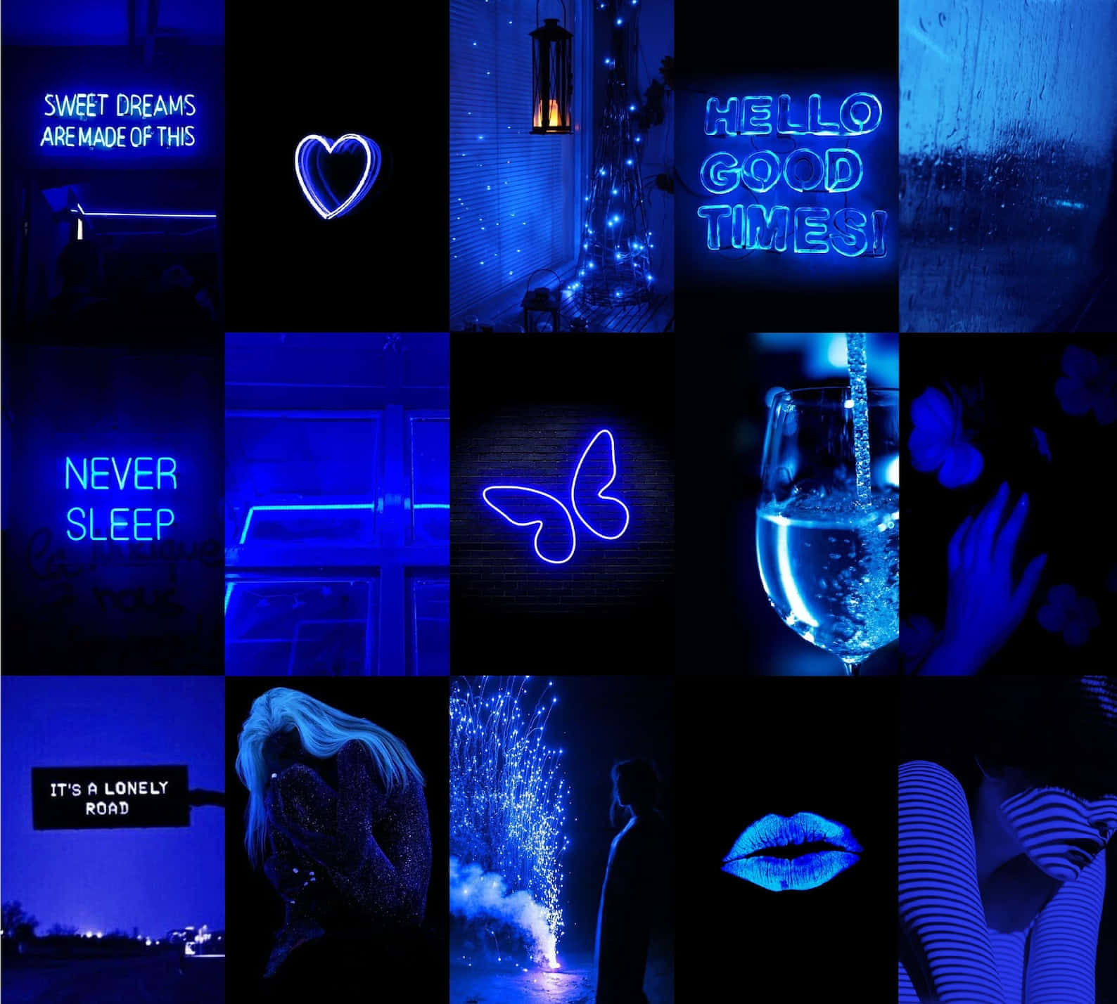 Electric Blue Neon Collage, blue neon signs, glowing objects, HD Desktop Wallpaper