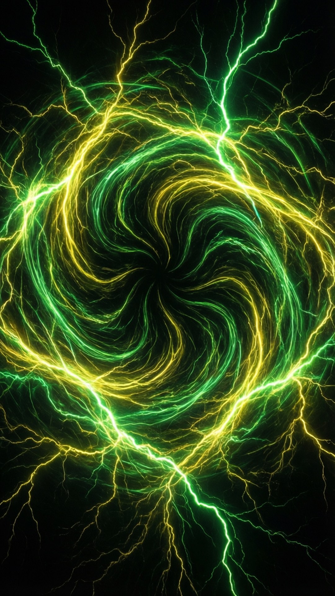 green electric swirls, electric ray patterns, black background, Full HD Phone Wallpaper