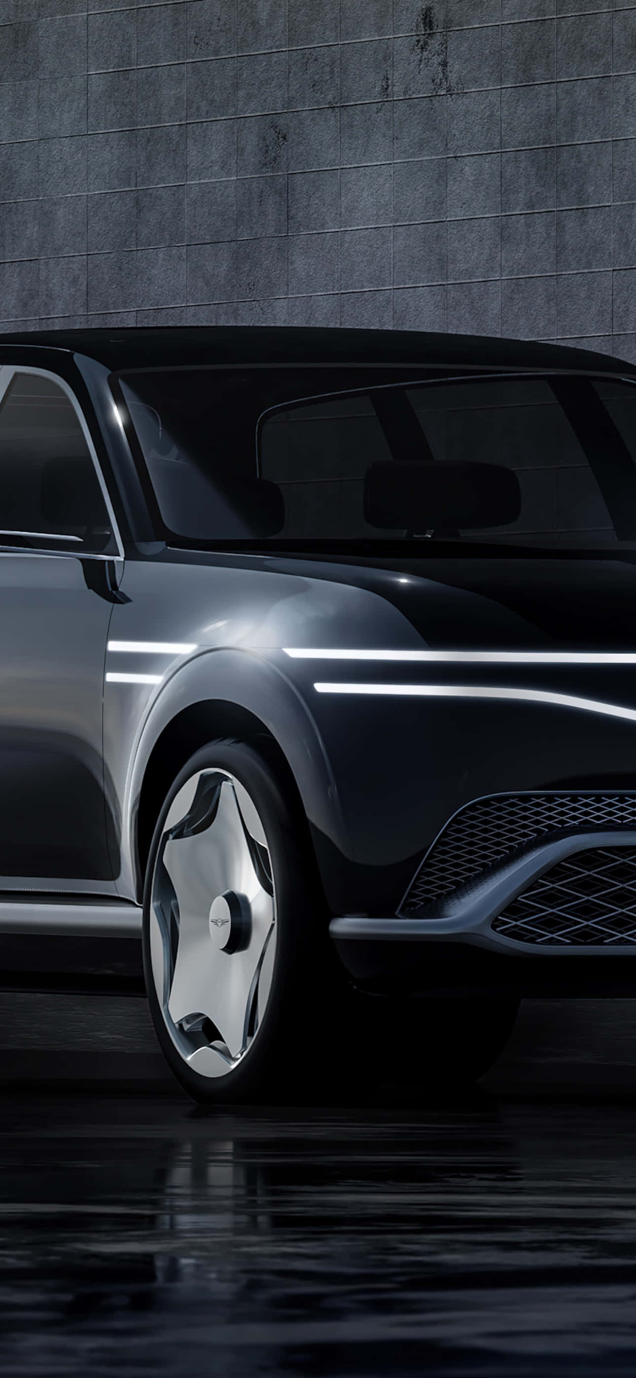 futuristic electric car, glowing white stripes, wet concrete wall, 2K Phone Wallpaper