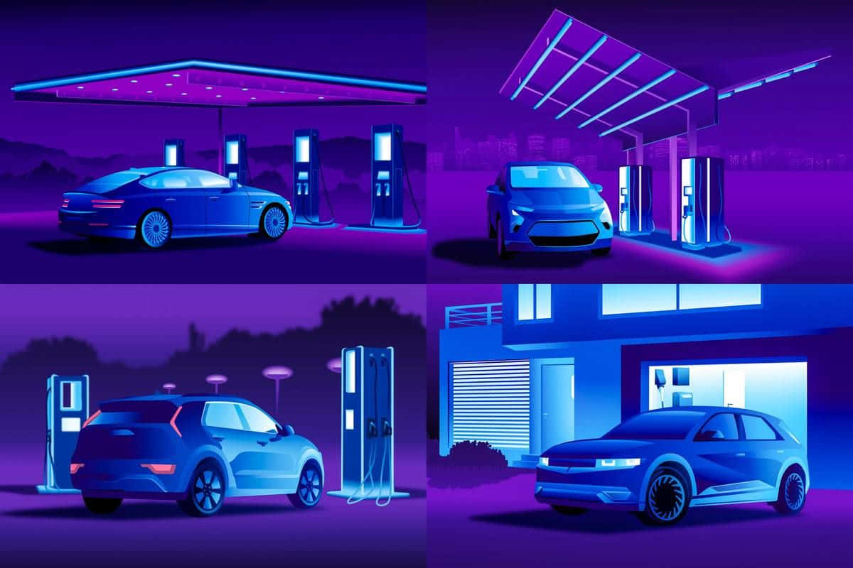 Electric Vehicle, neon canopies, purple and blue, SD Desktop Wallpaper