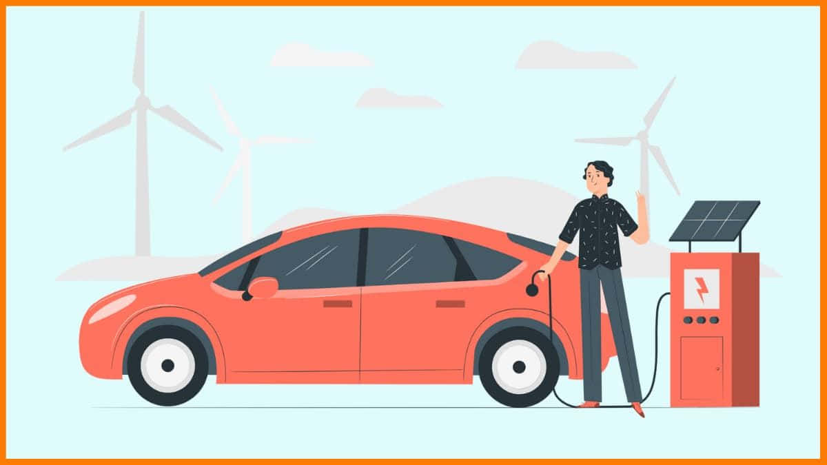 orange electric car, solar-powered charger, wind turbines, SD Desktop Wallpaper