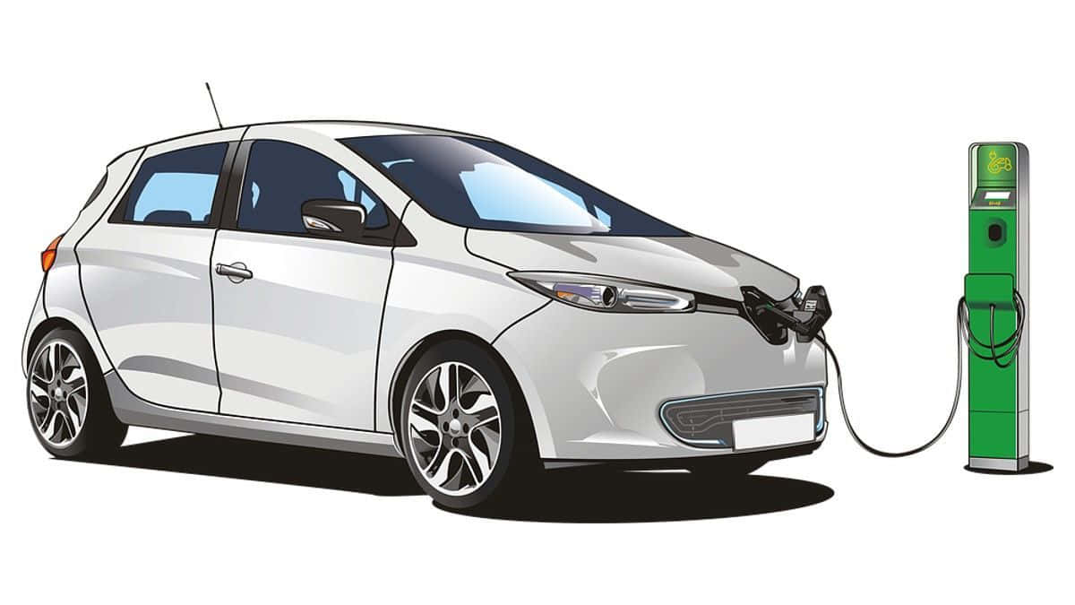 sleek white electric car, green charging station, clean white background, SD Desktop Wallpaper