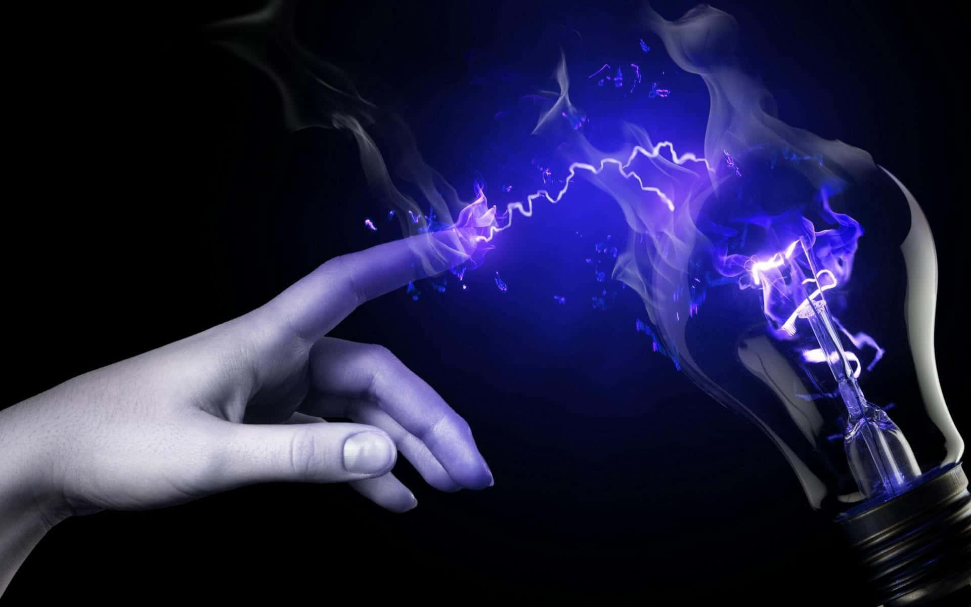 electric blue energy, glowing lightbulb, finger, Full HD Desktop Wallpaper