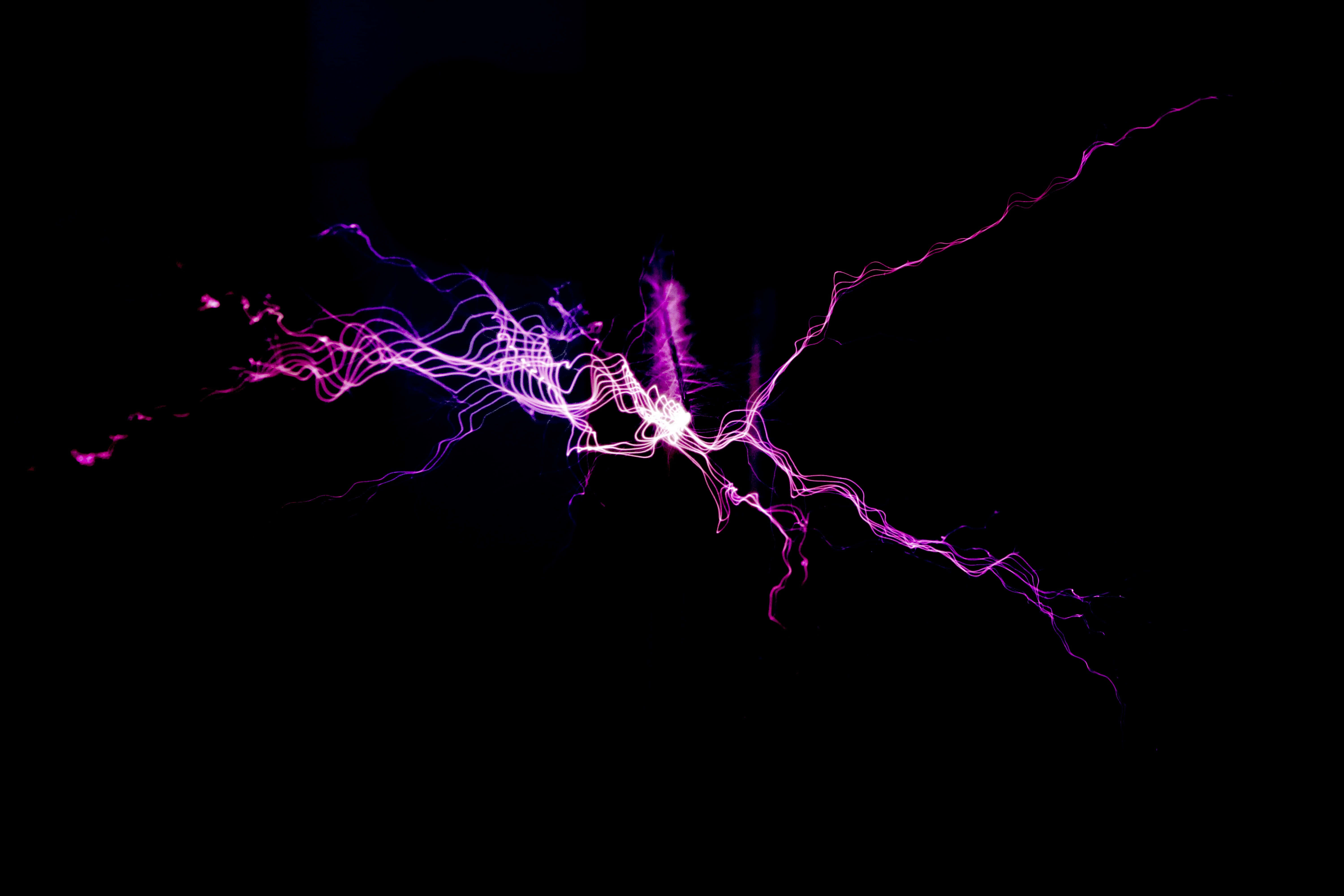purple electric lightning, vivid purple, white electric arcs, 5K Desktop Wallpaper