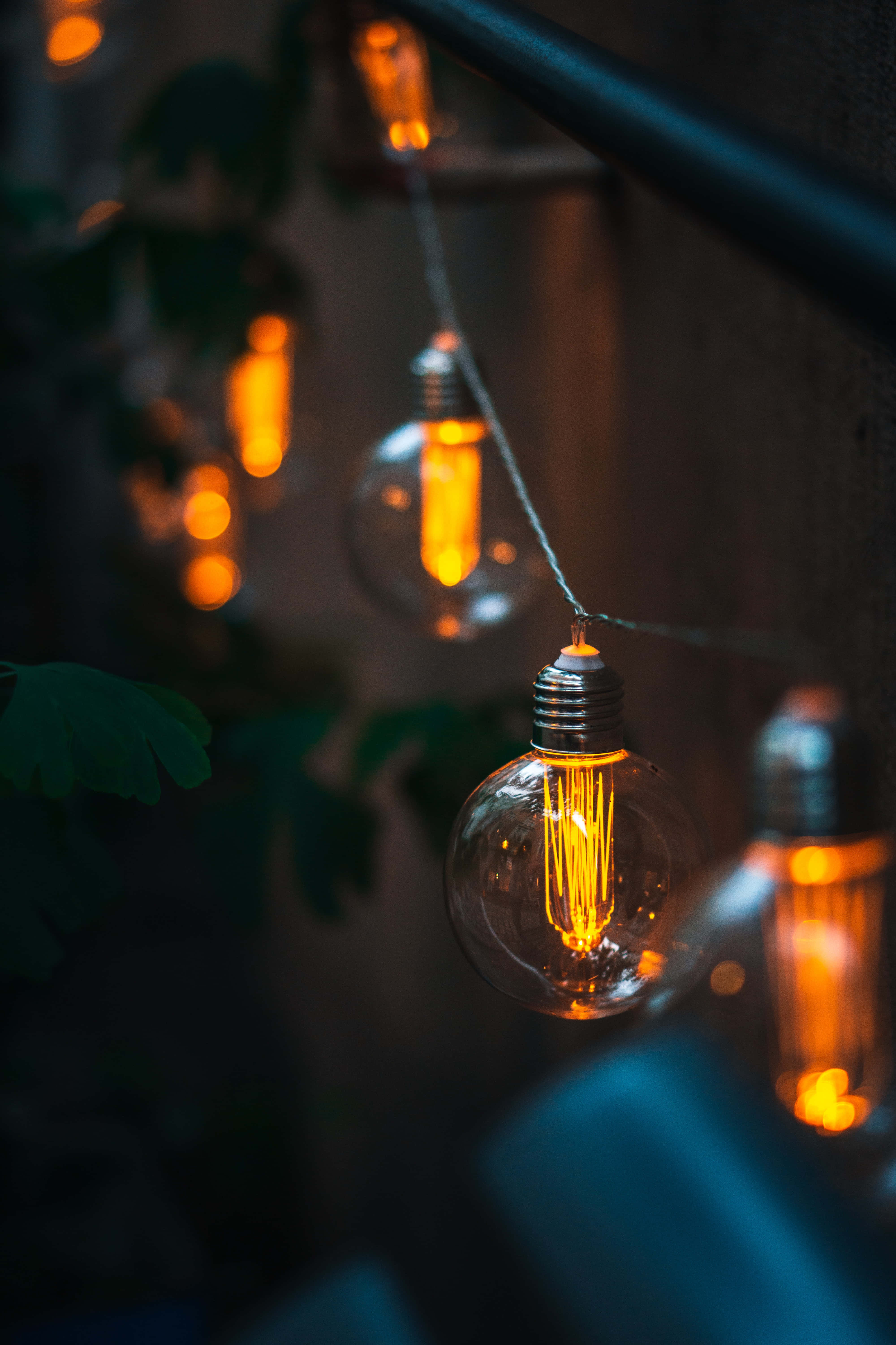 vintage Edison bulbs, string of electric bulbs, warm glowing, 5K Phone Wallpaper