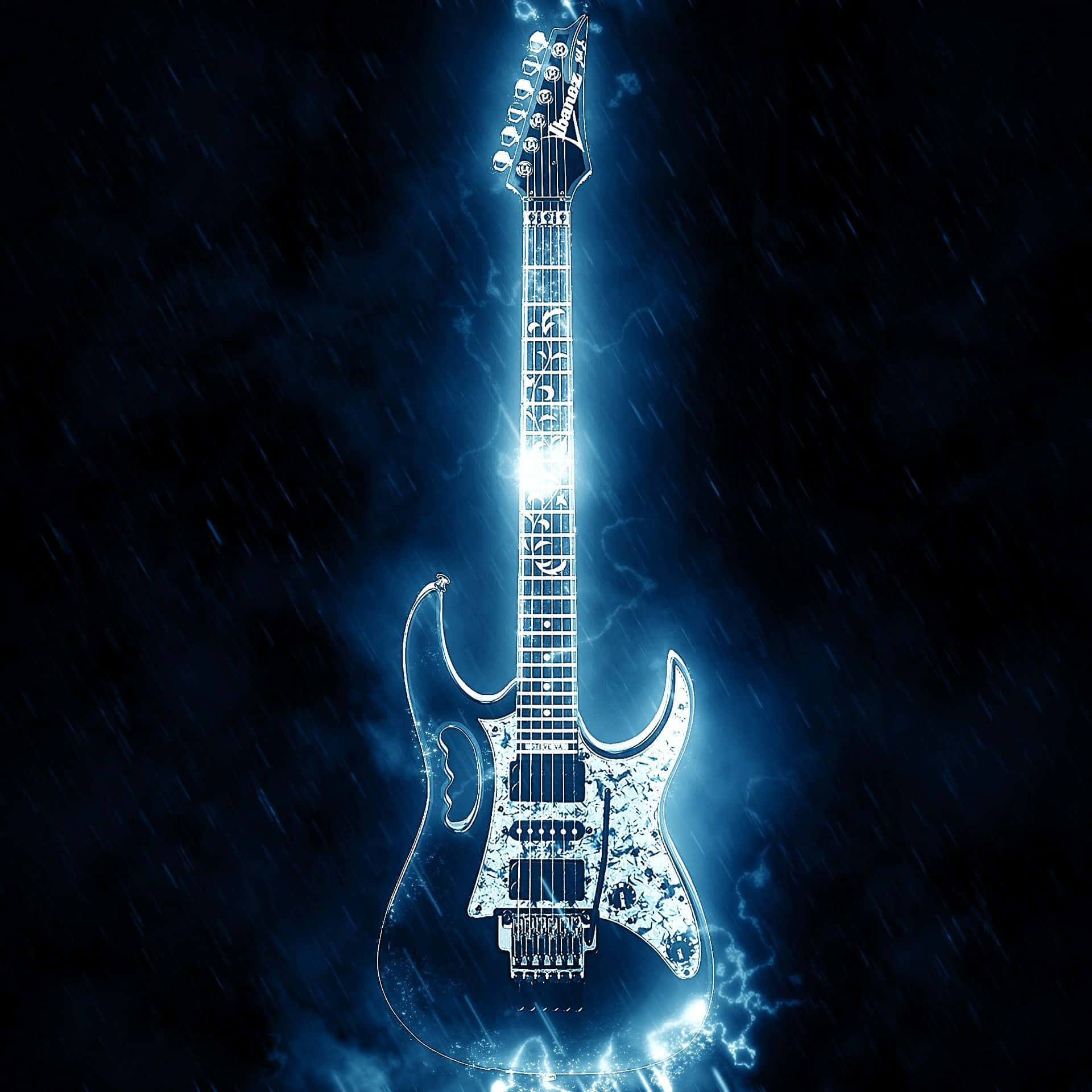 glowing electric guitar, electric blue energy, stormy night sky, Full HD Desktop Wallpaper