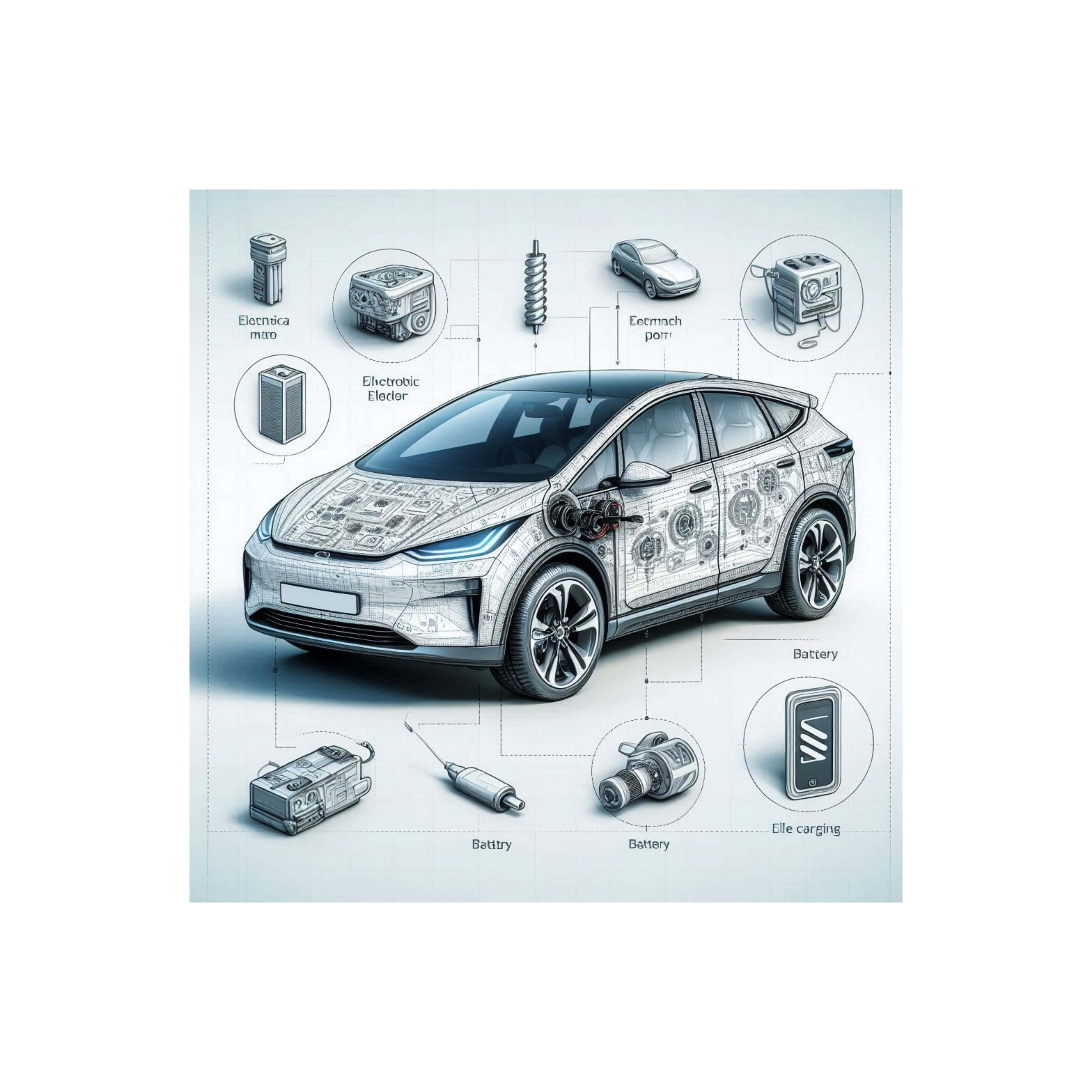 diagrammatic electric car drawing6, technical blueprint style illustration, battery, 4K Desktop Wallpaper