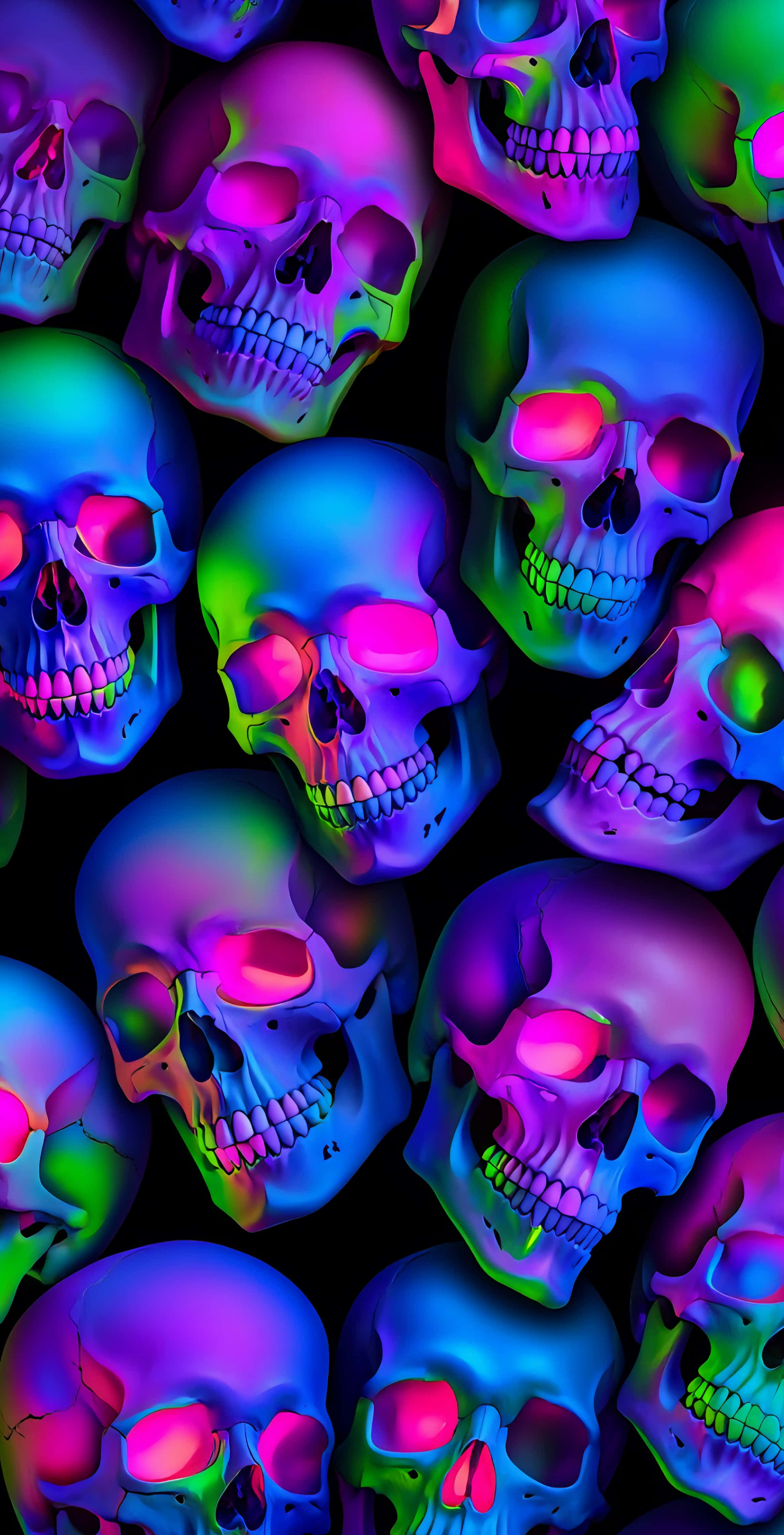 neon-colored skulls, electric pink blue and green hues, stark black background, 4K Phone Wallpaper