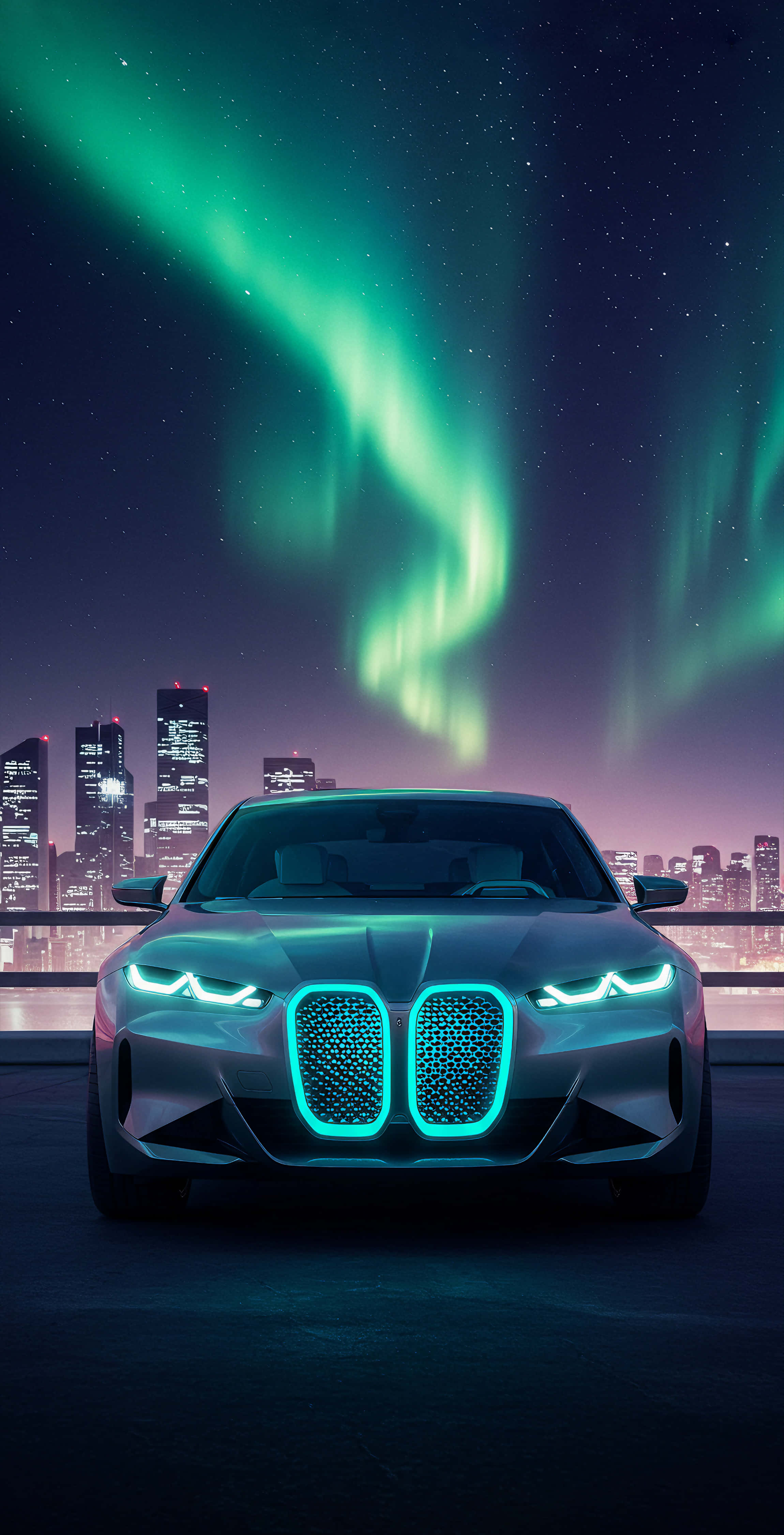neon-lit concept car, holographic auroras, soft silver tones, 4K Phone Wallpaper