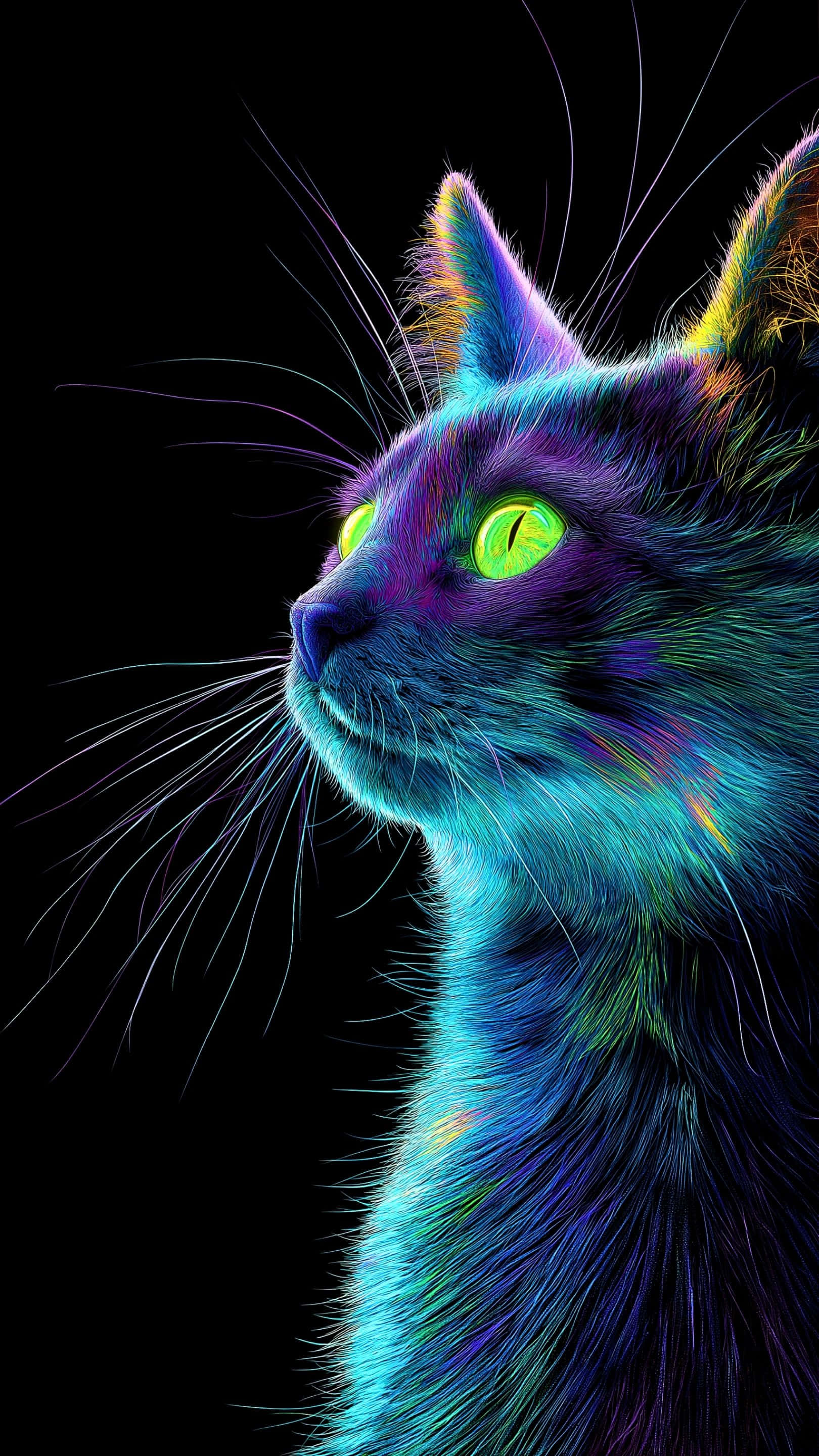 neon-colored cat, glowing green eyes, pure black background, 2K Phone Wallpaper