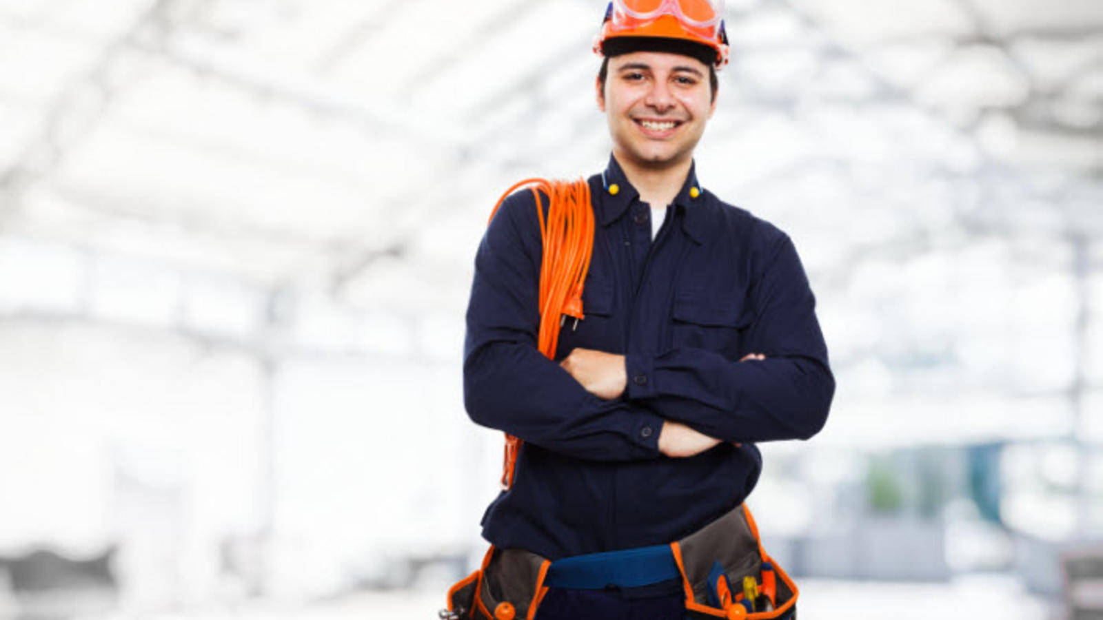 Electrician, orange hard hat, tool belt, HD Desktop Wallpaper