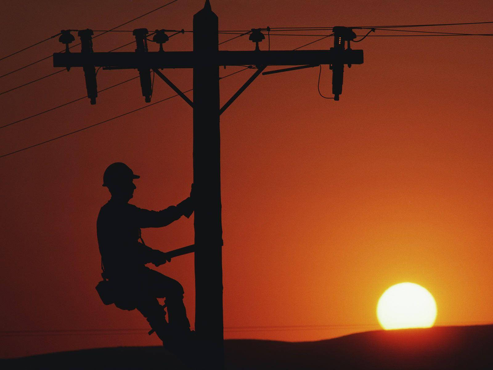 lineman, utility pole, fiery orange sunset, HD Desktop Wallpaper