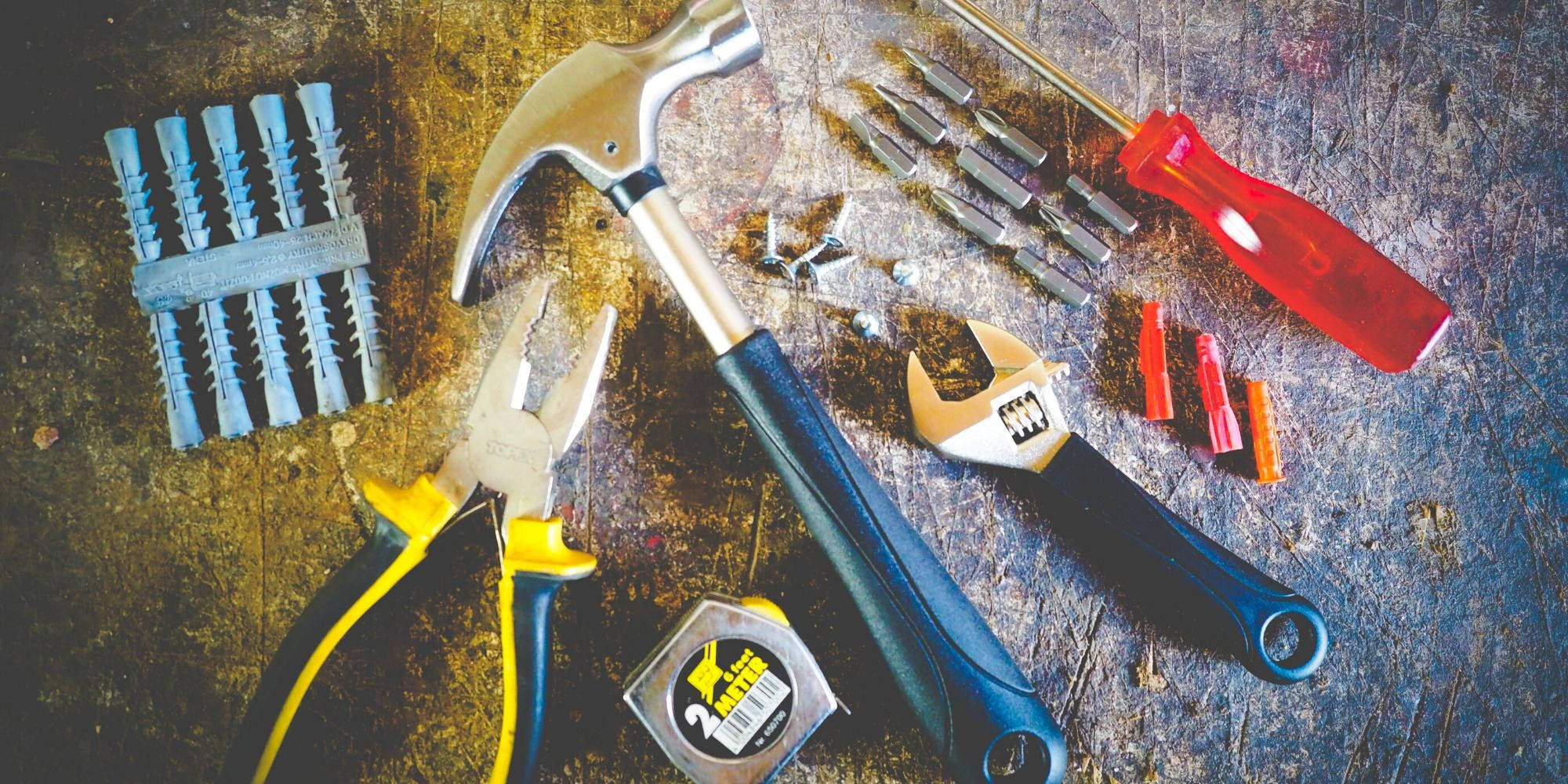 electrical technician tool kit, hammer, pliers, Full HD Desktop Wallpaper