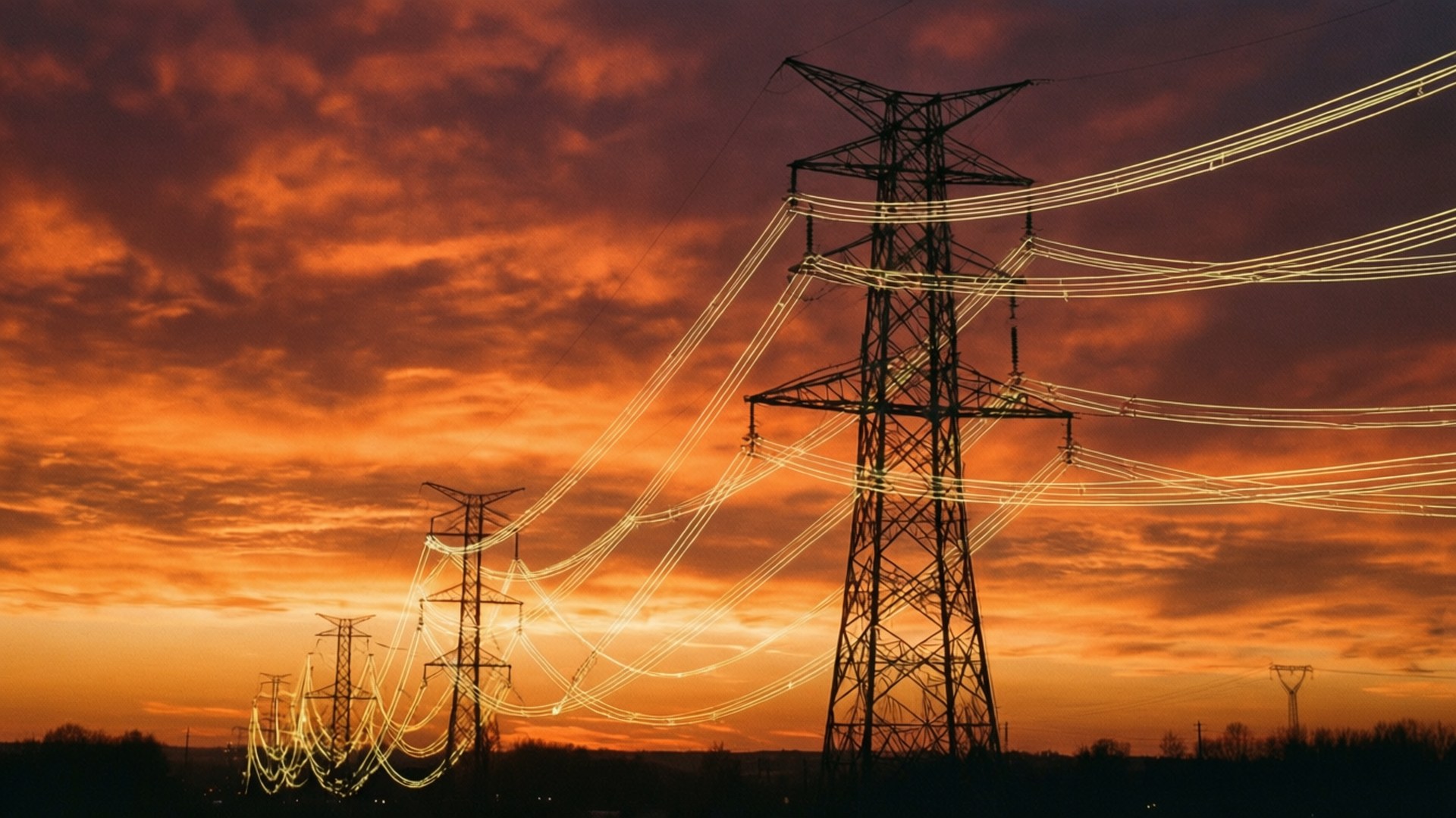 sunset, power line towers, fiery orange and red sunset sky, Full HD Desktop Wallpaper