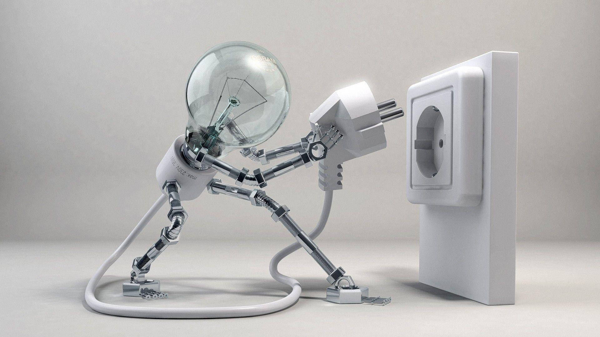 light bulb head, robotic figure, wall socket, Full HD Desktop Wallpaper