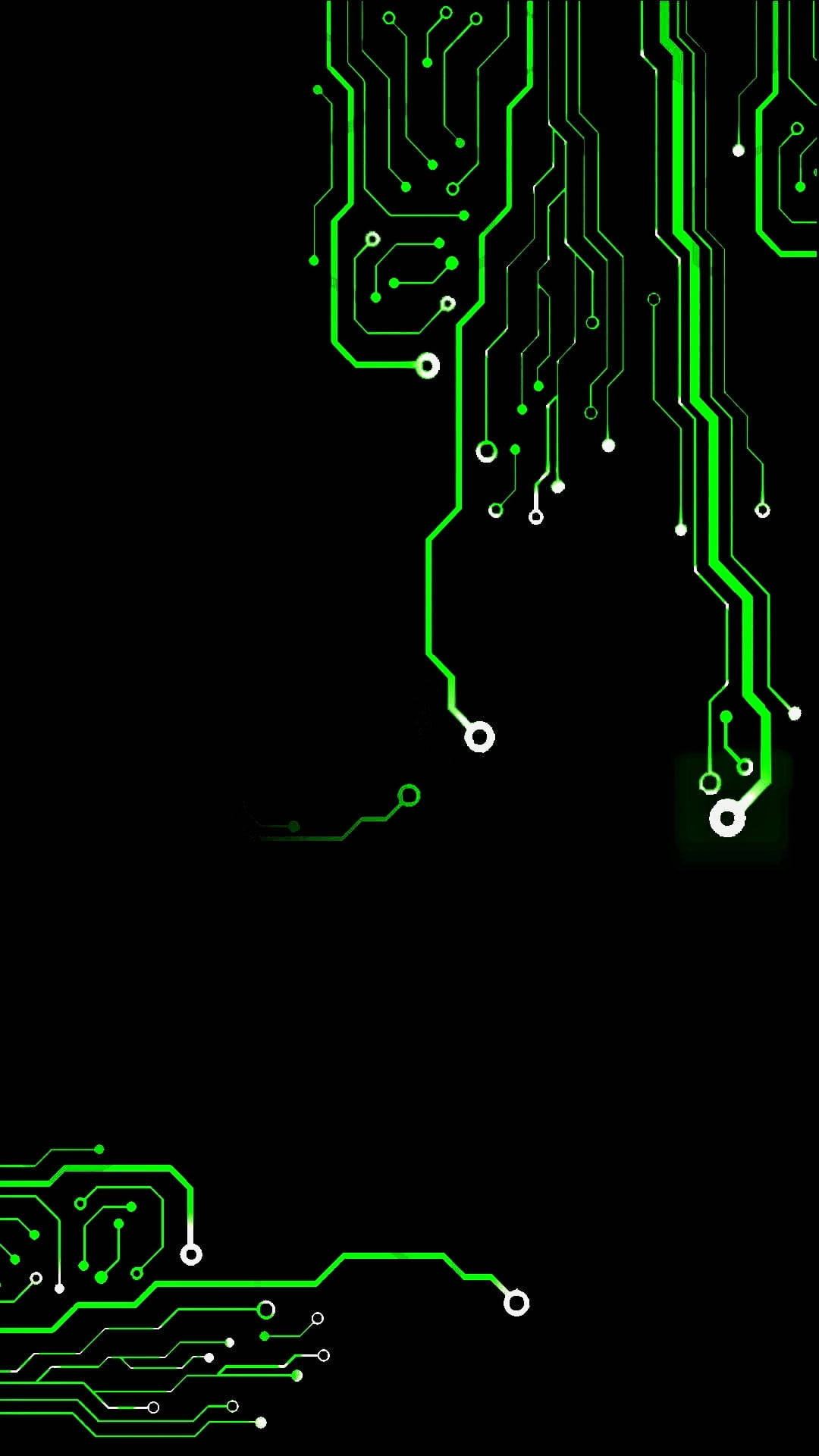 black and green circuits, vibrant green circuit board pathways, stark black background, Full HD Phone Wallpaper