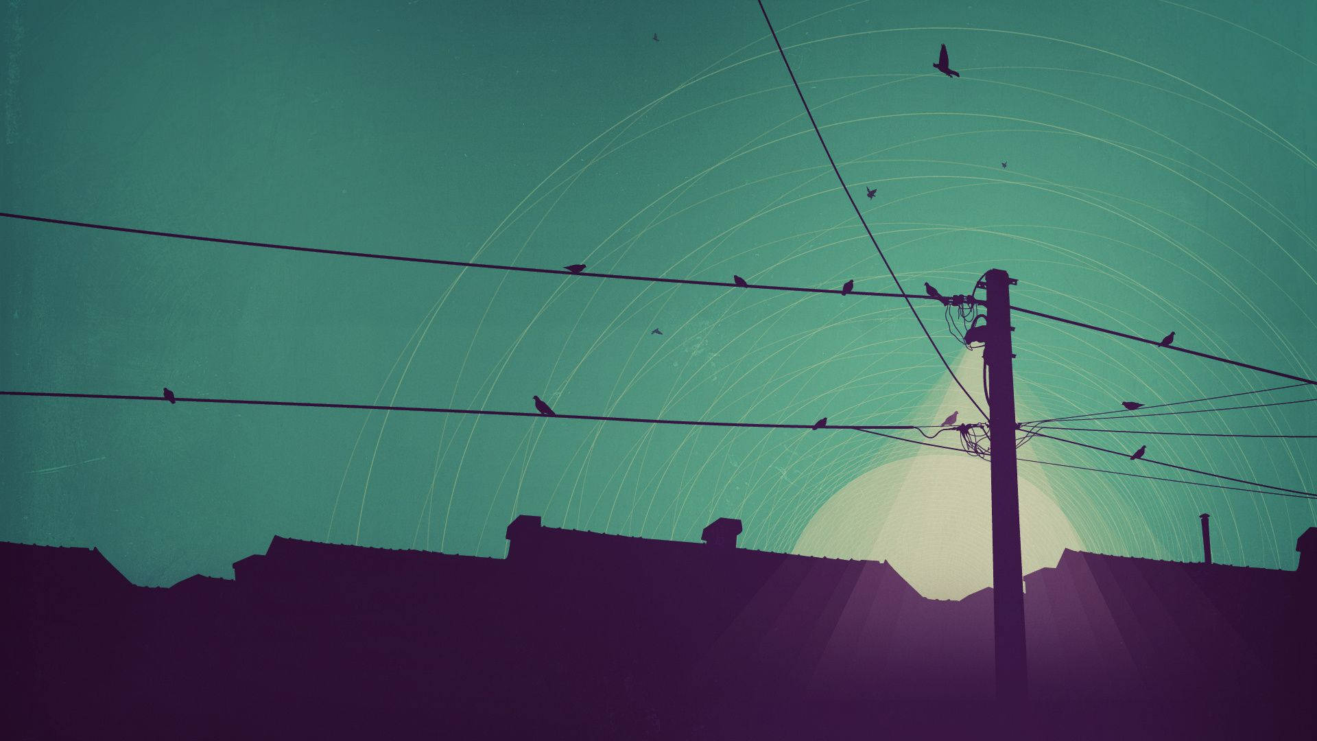 power lines, teal sky, radiant sunburst, Full HD Desktop Wallpaper