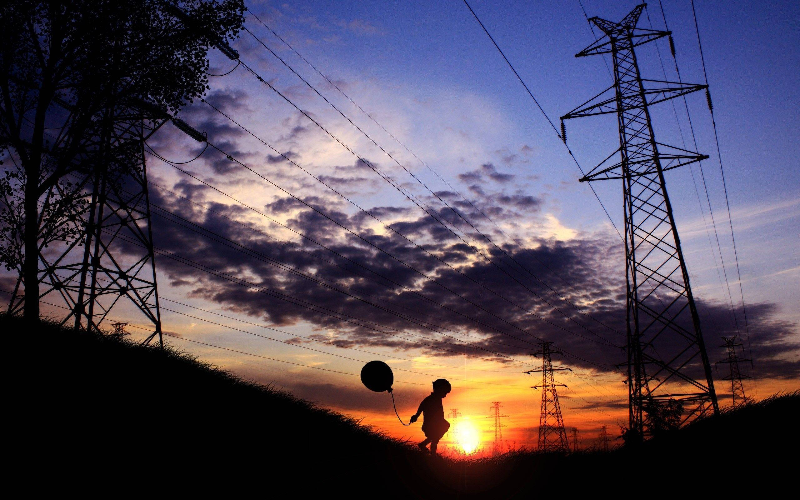 child, balloon, grassy hill, 2K Desktop Wallpaper