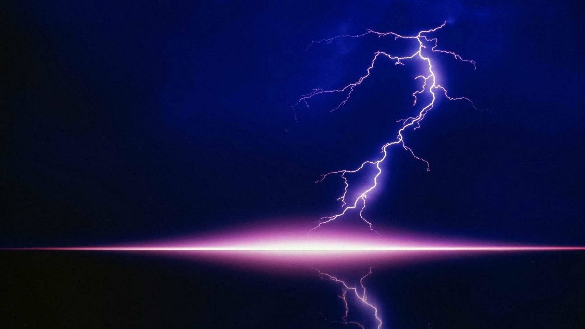 purple lightning bolt, deep blue storm sky, calm water surface, Full HD Desktop Wallpaper