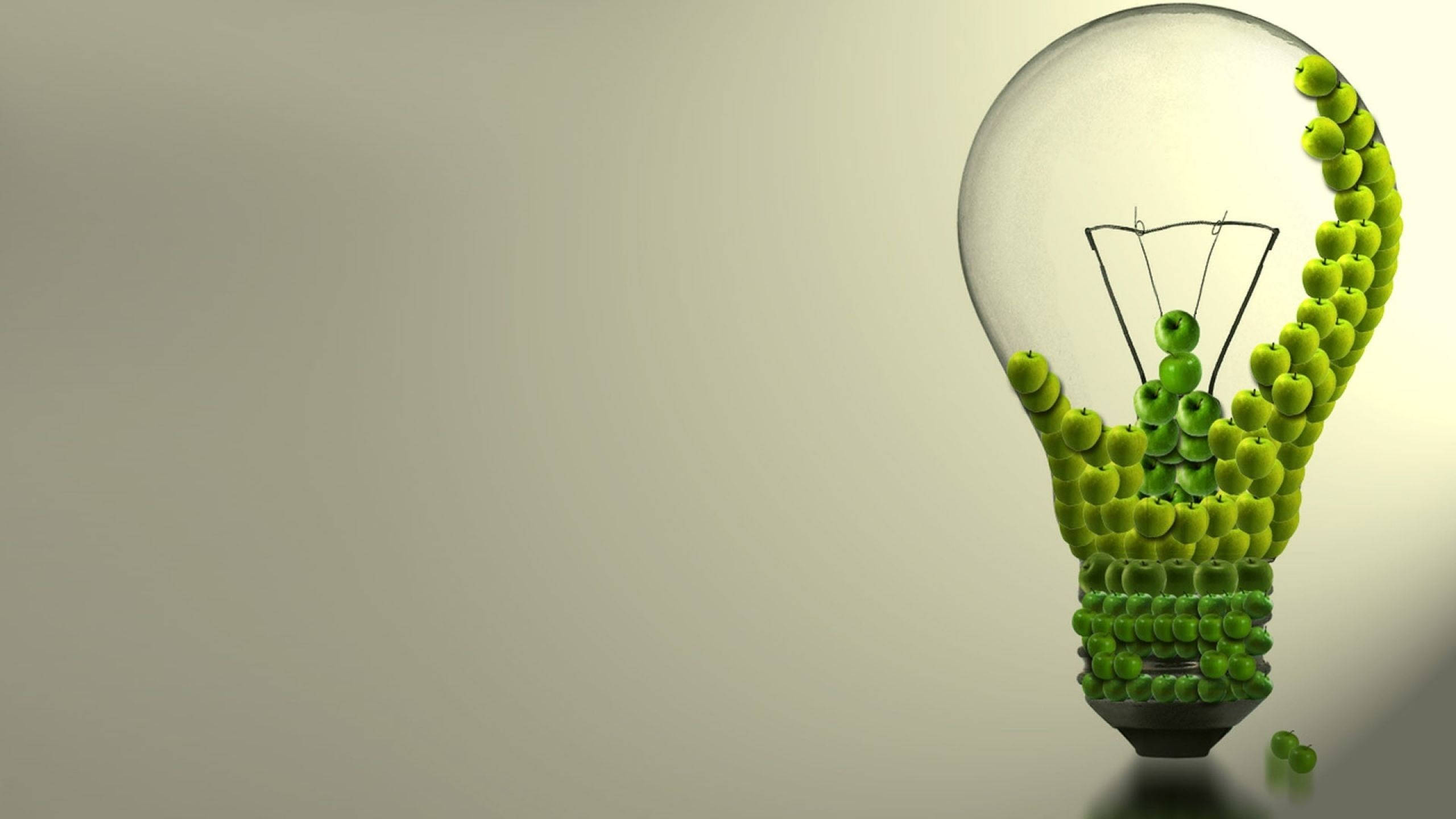 green apple, electricity bulb, wire filament, 2K Desktop Wallpaper