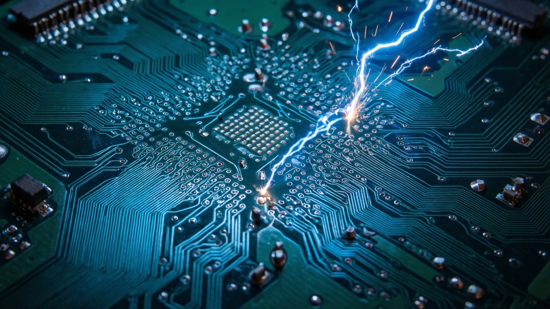 circuit board, green, blue lightning bolts, Full HD Desktop Wallpaper