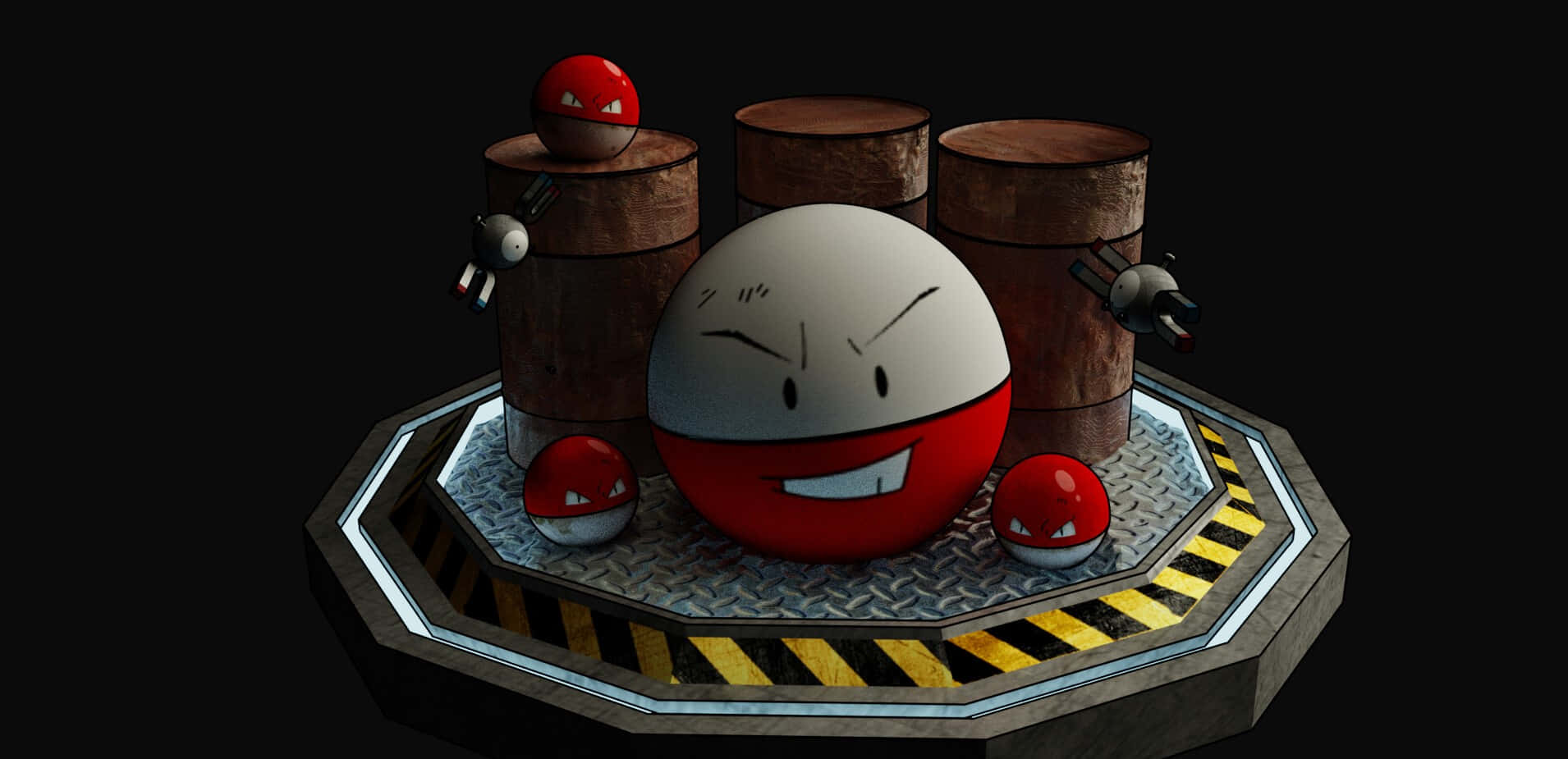 Electrode, red and white spherical character, metal platform, HD Desktop Wallpaper